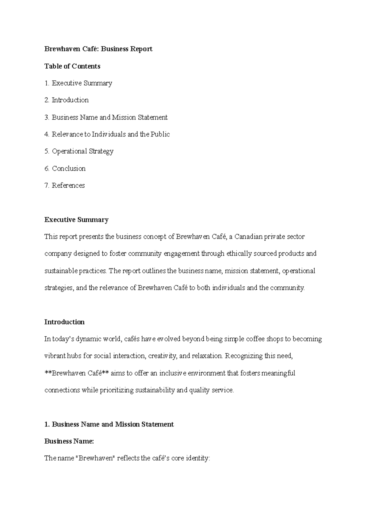 Brewhaven Café Report Structure - Brewhaven Café: Business Report Table ...