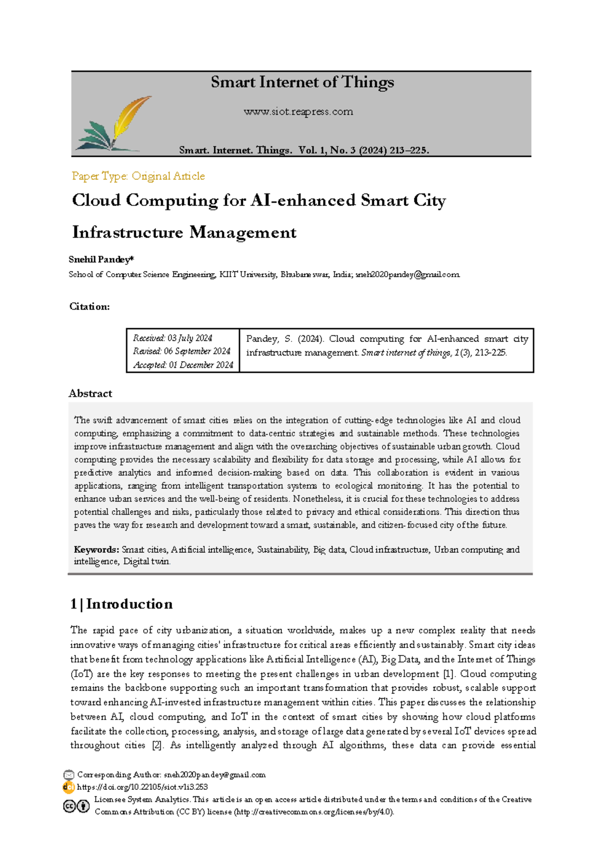 Cloud Computing for Smart City Infrastructure Management: SIOT 1(3 ...