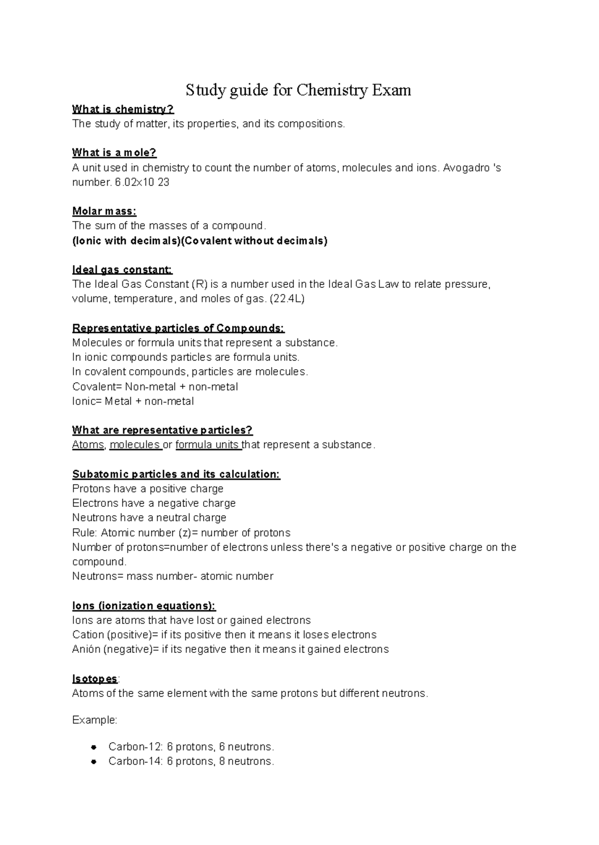 Chemistry Study Guide for Final Exam (CHEM 101) - Studocu