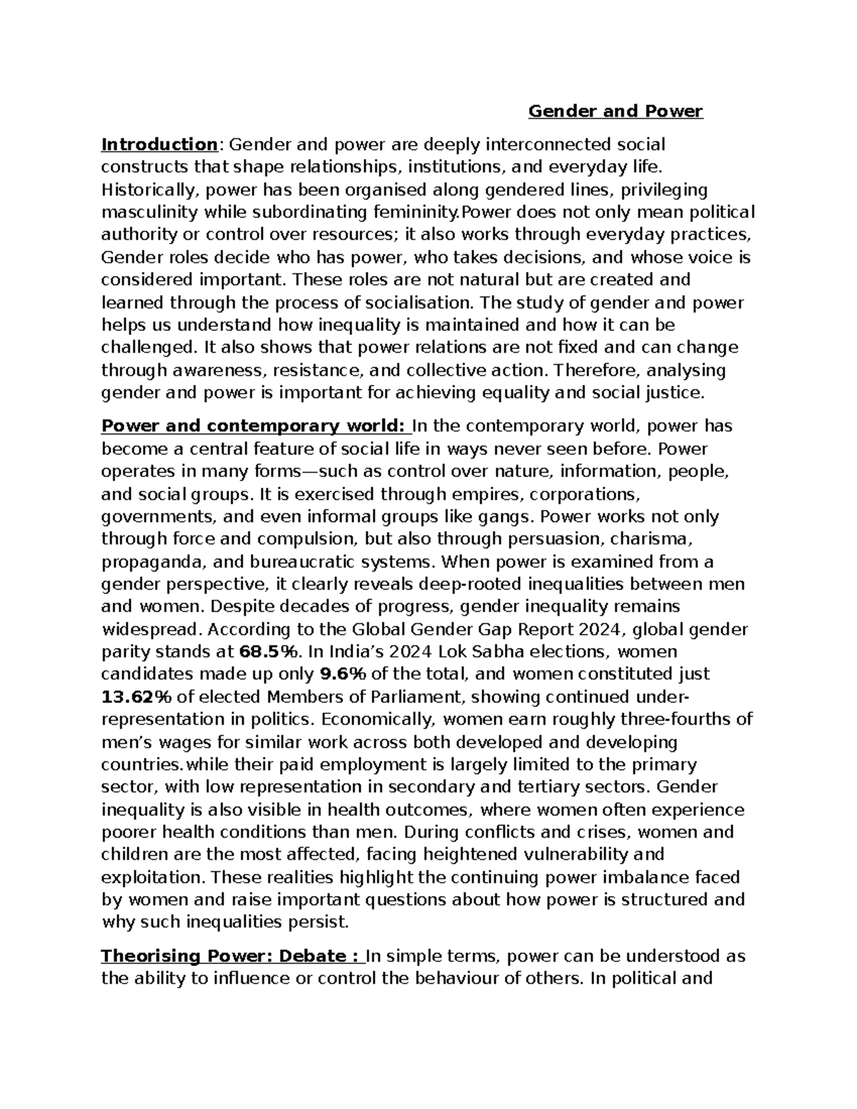 Power - Notes on Gender and Patriarchy Analysis - Studocu