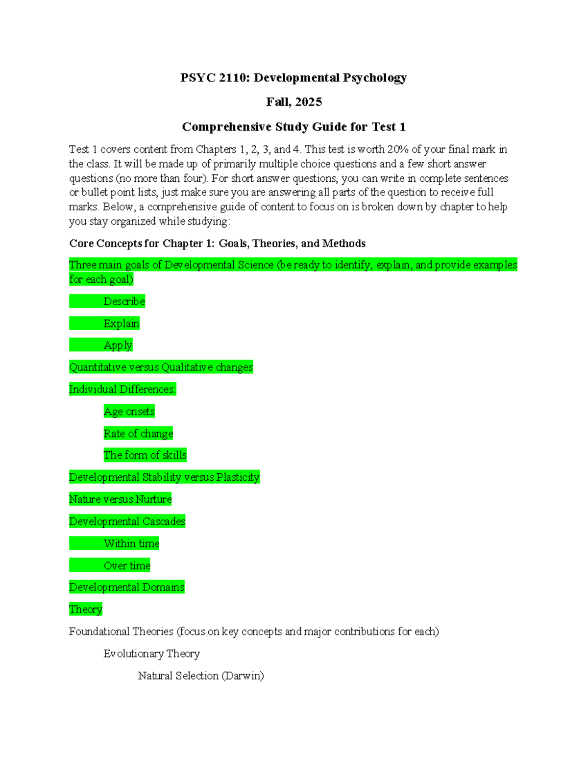 PSYC 2110: Developmental Psychology Fall 2025 Comprehensive Study Guide ...