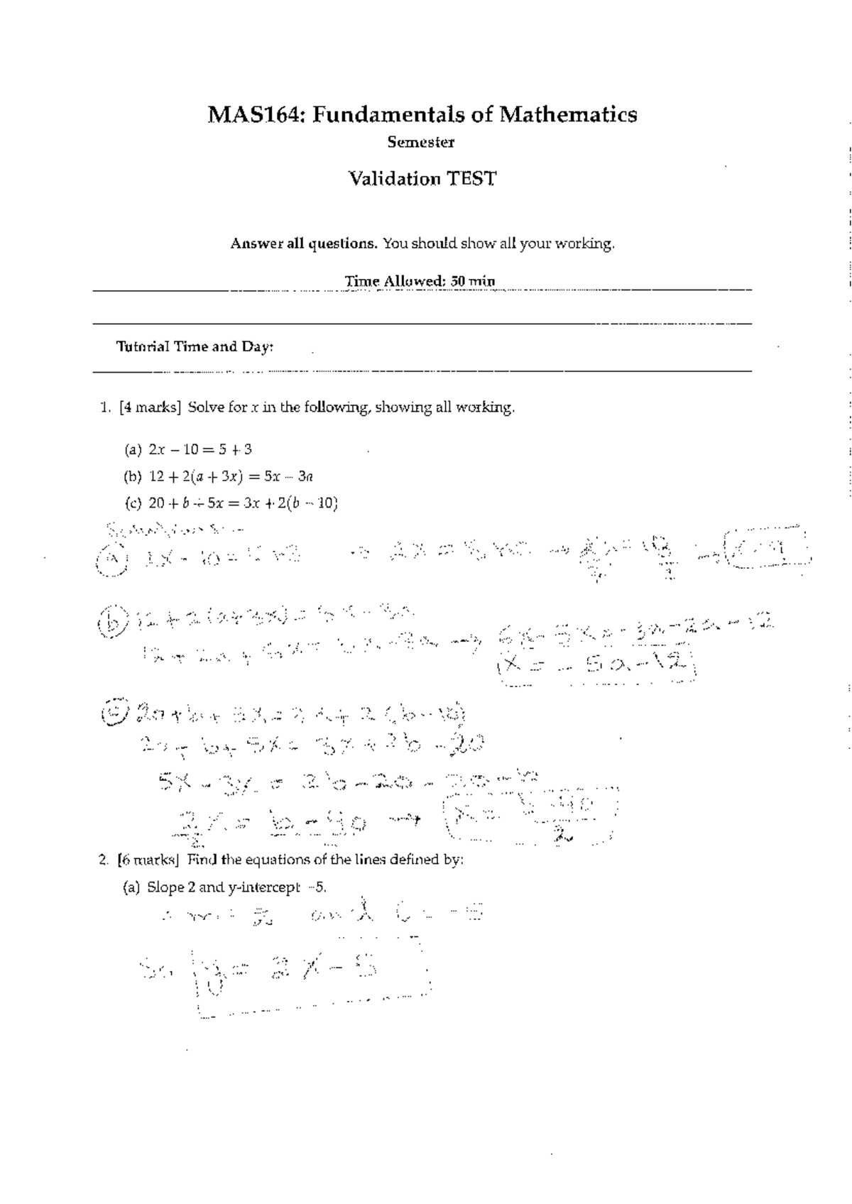 MAS164: Fundamentals of Math Semester Validation Test Solutions - Studocu