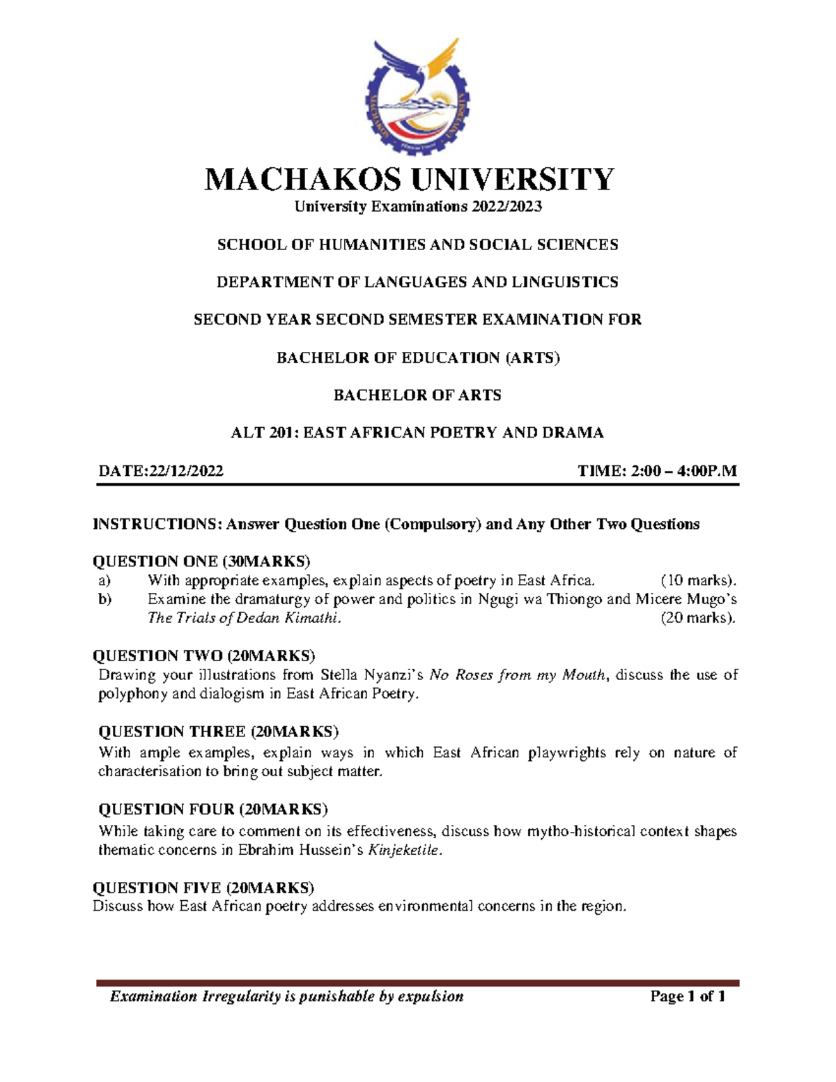 ALT 201: East African Poetry & Drama Exam Notes - Studocu