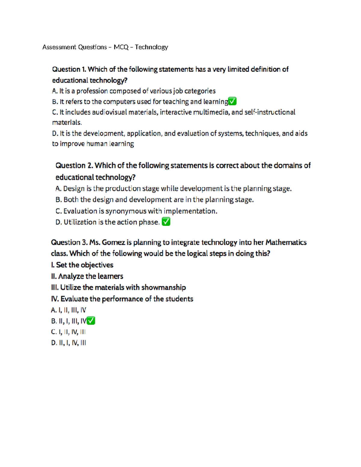 Assessment Questions-Technology - Assessment Questions – MCQ ...