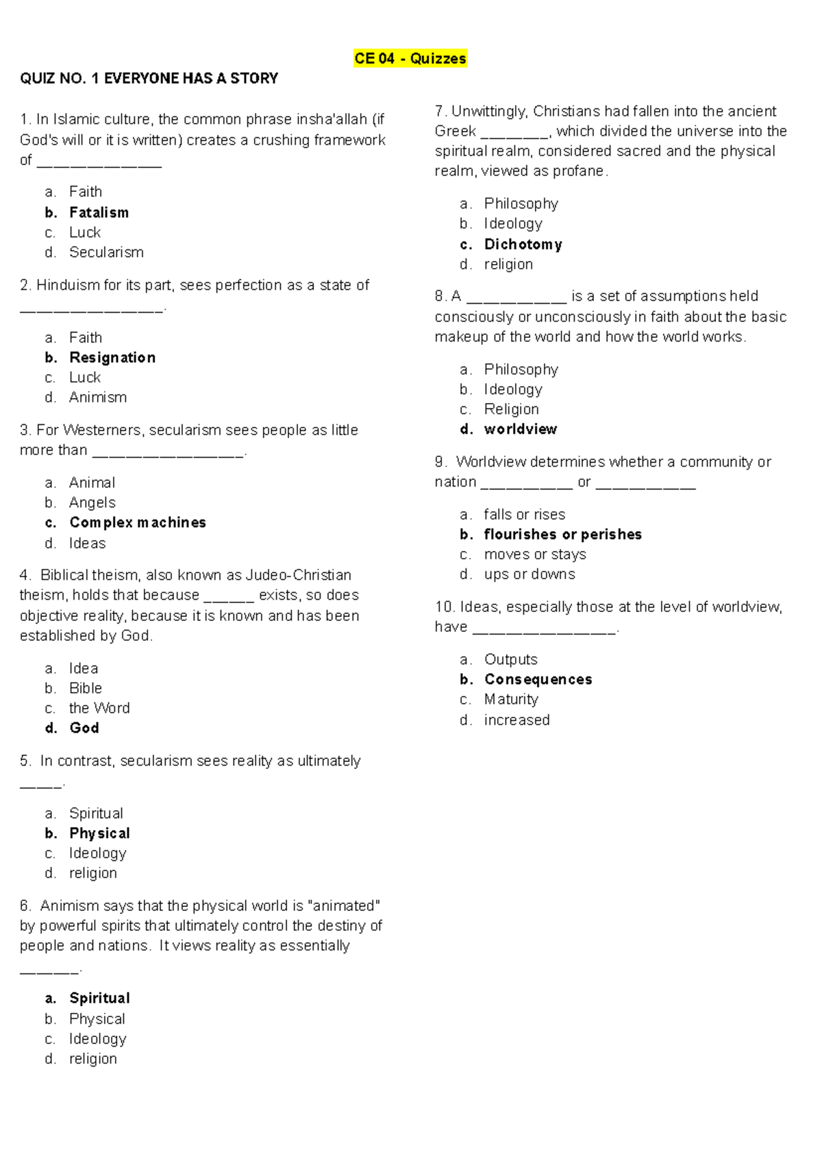 CE 04 Quizzes: Exploring Worldviews and Their Implications - Studocu