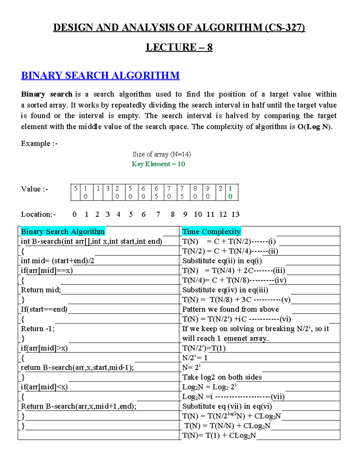 CS-327 Lecture 8: Binary Search Algorithm Explanation and Analysis ...