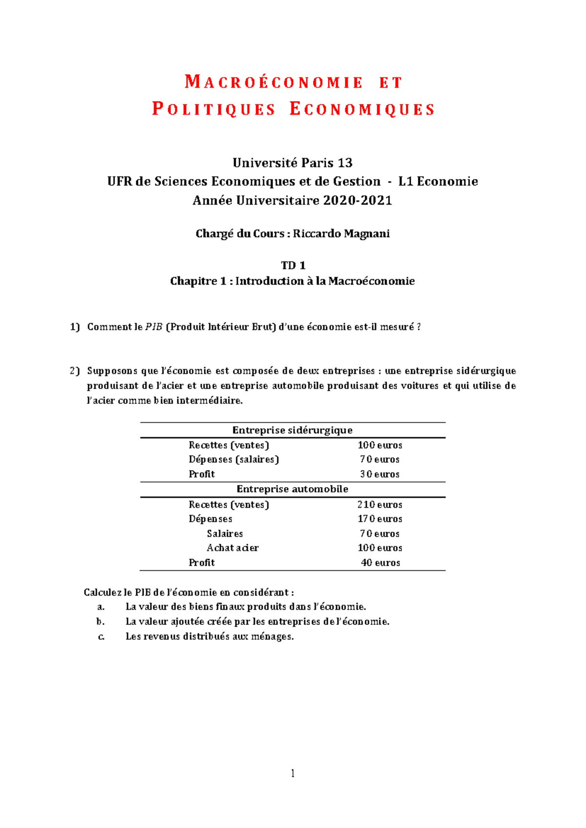 TD et Corr. en Macroéconomie: Concepts de PIB, Croissance, et Monnaie ...