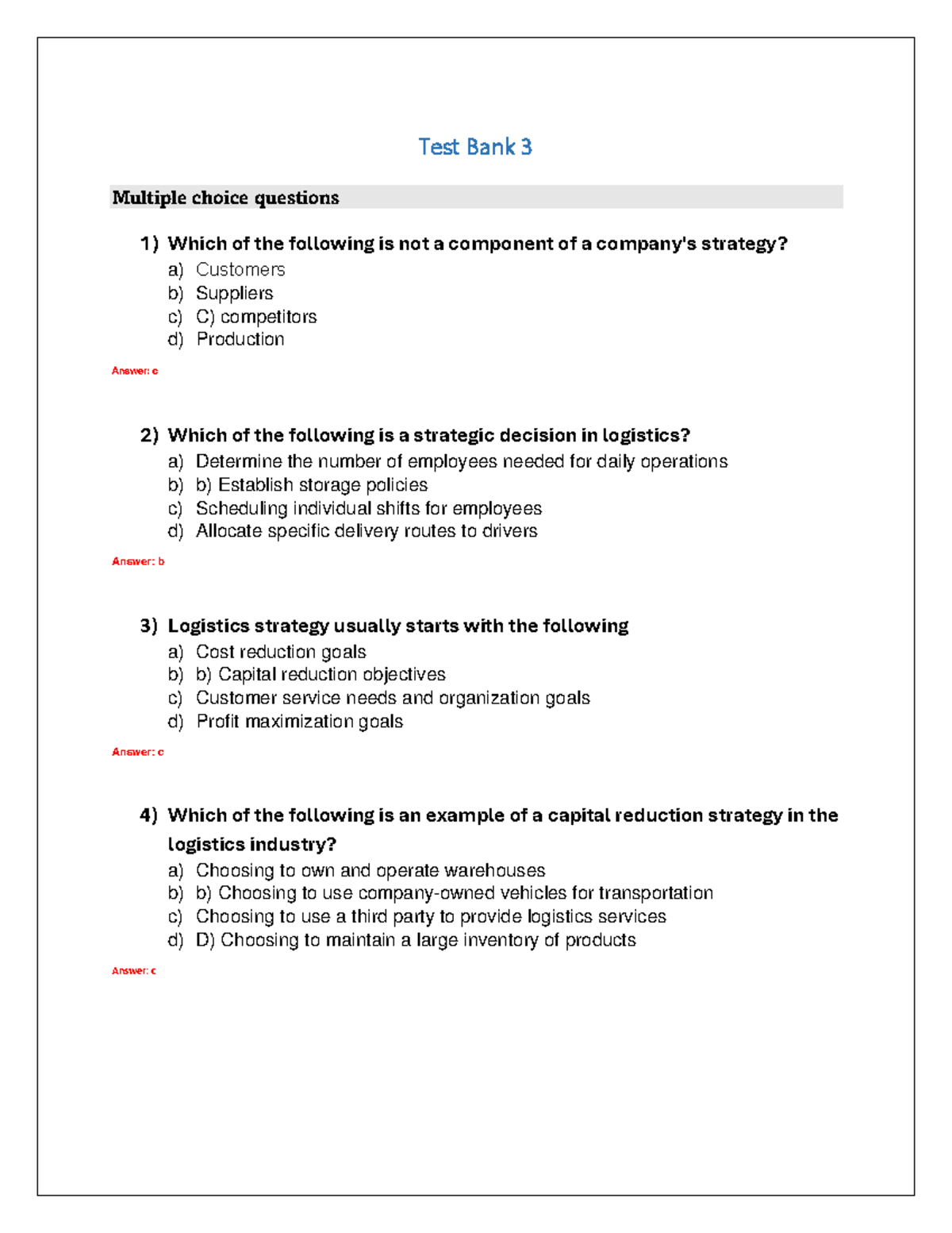 Logistics Test Bank 3 - Strategic Decisions & Cost Considerations - Studocu