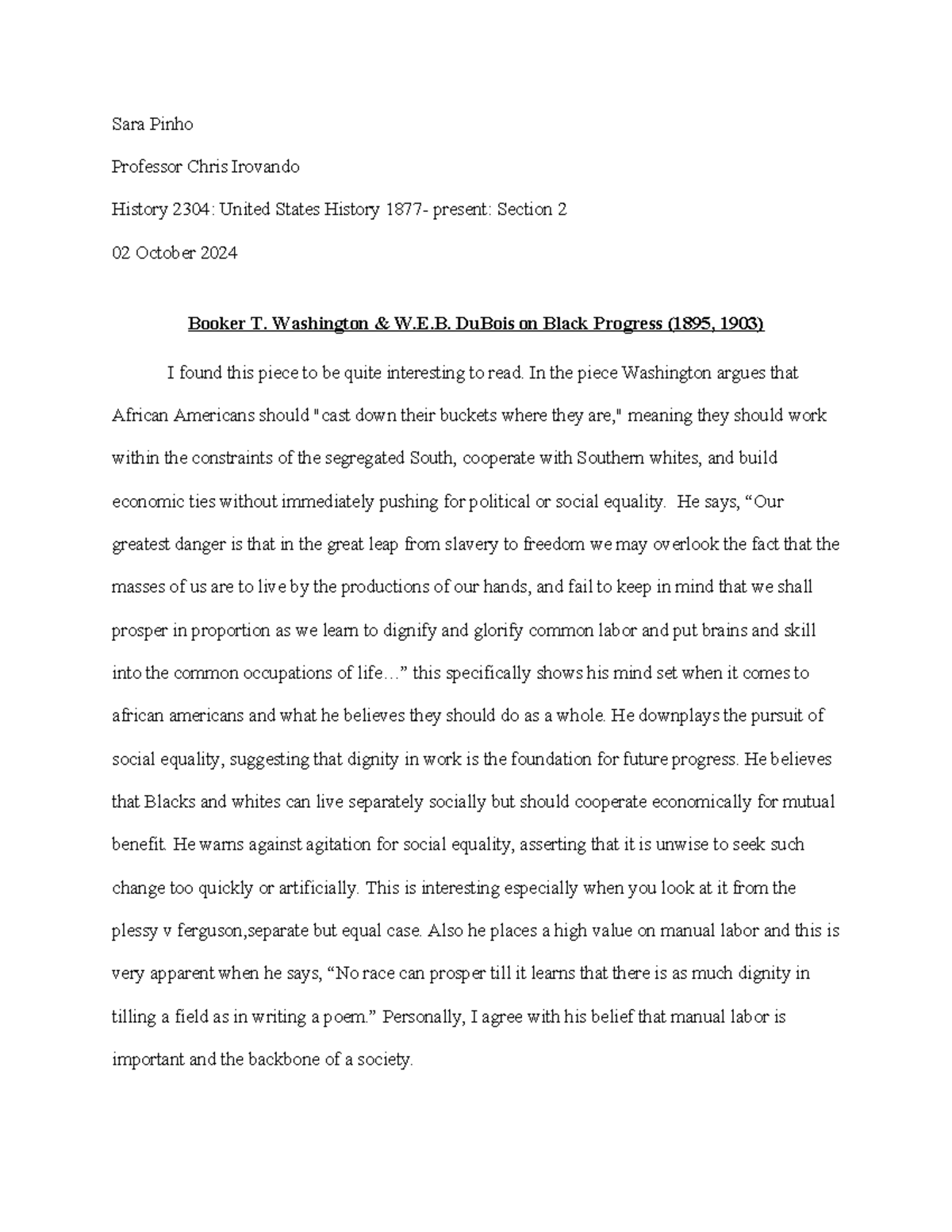 History 2304 Essay: Washington vs. DuBois on Black Progress - Studocu