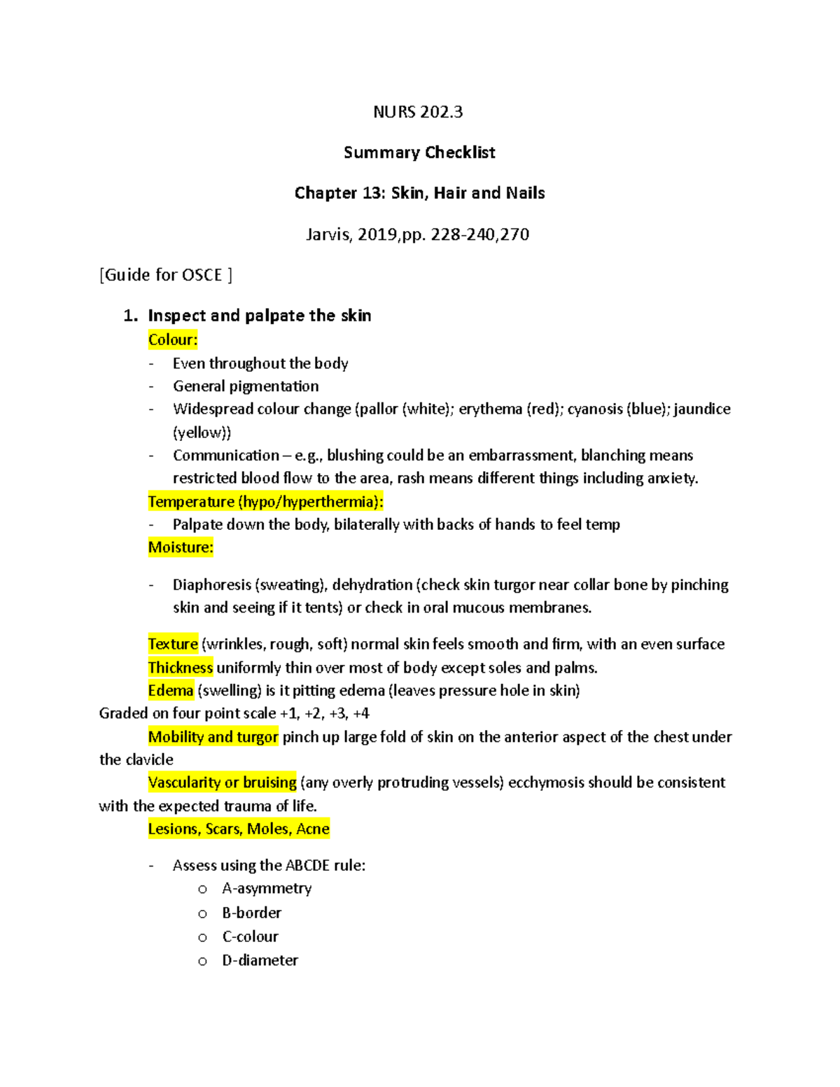 NURS 202: Summary of Jarvis Chapter 13 - Skin, Hair, and Nails - Studocu