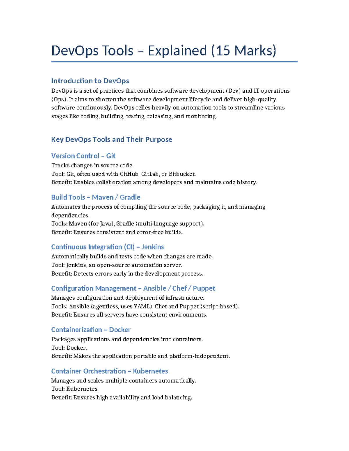 DevOps Tools Overview (15 Marks) - Key Practices & Automation - Studocu