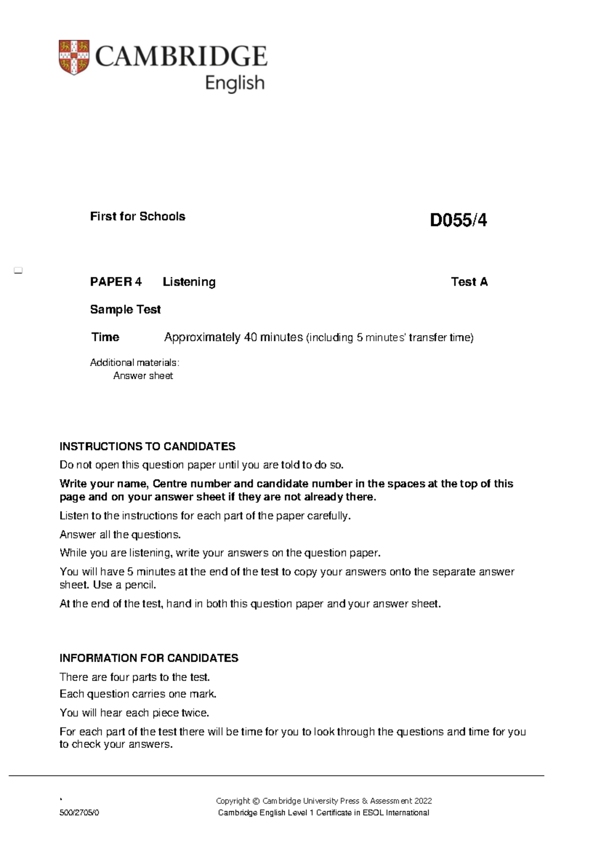 B2 First for Schools Sample Paper 1 Listening Test 2022 - Studocu