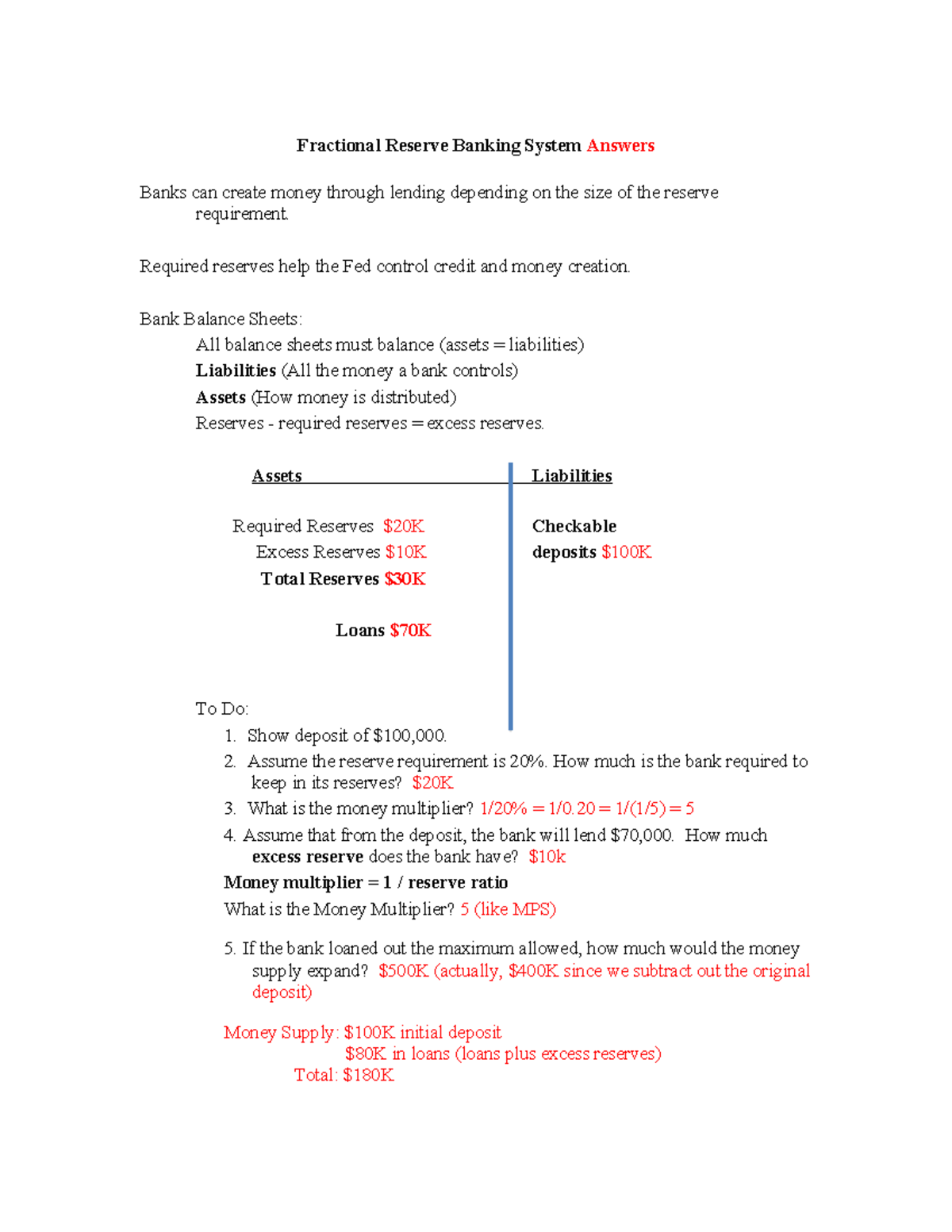 Bank Balance Sheet Activity Answers: Fractional Reserve Banking - Studocu