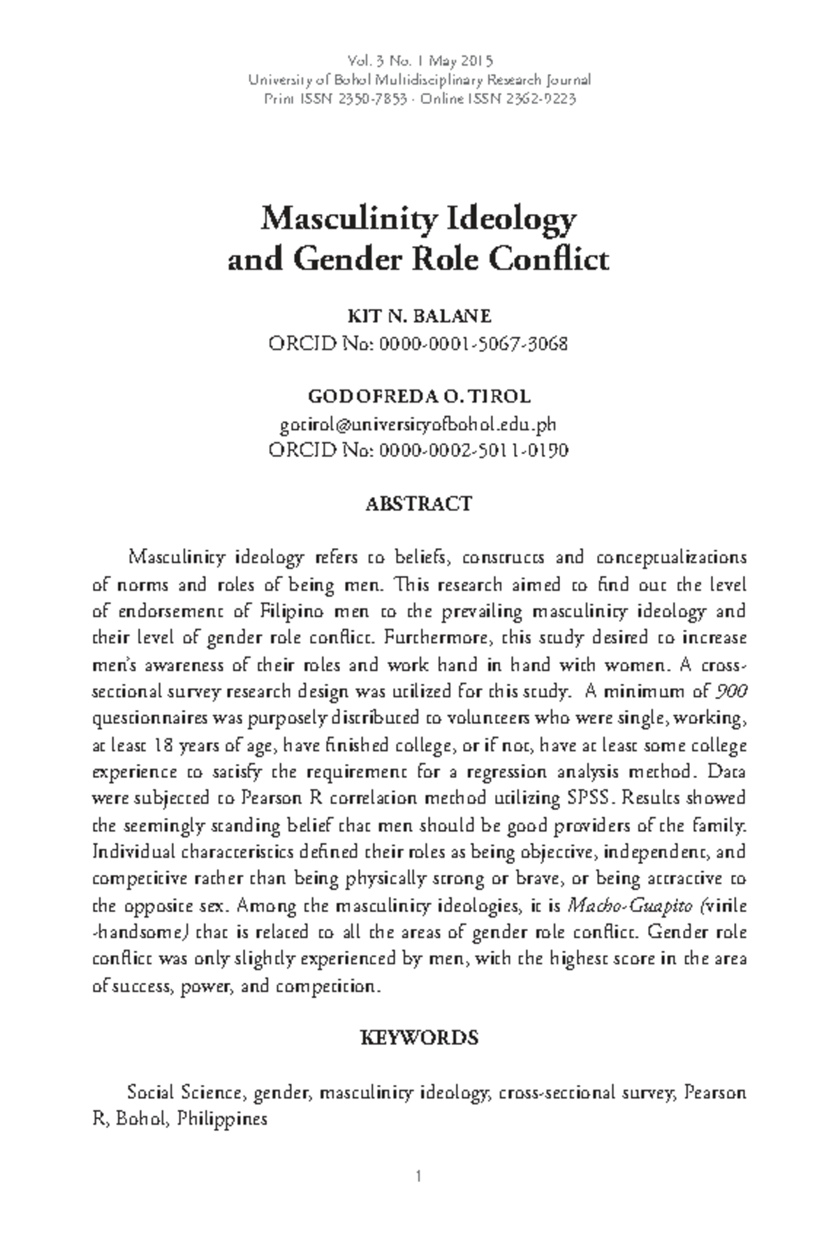 Masculinity Ideology and Gender Role Conflict: A Study on Filipino Men ...