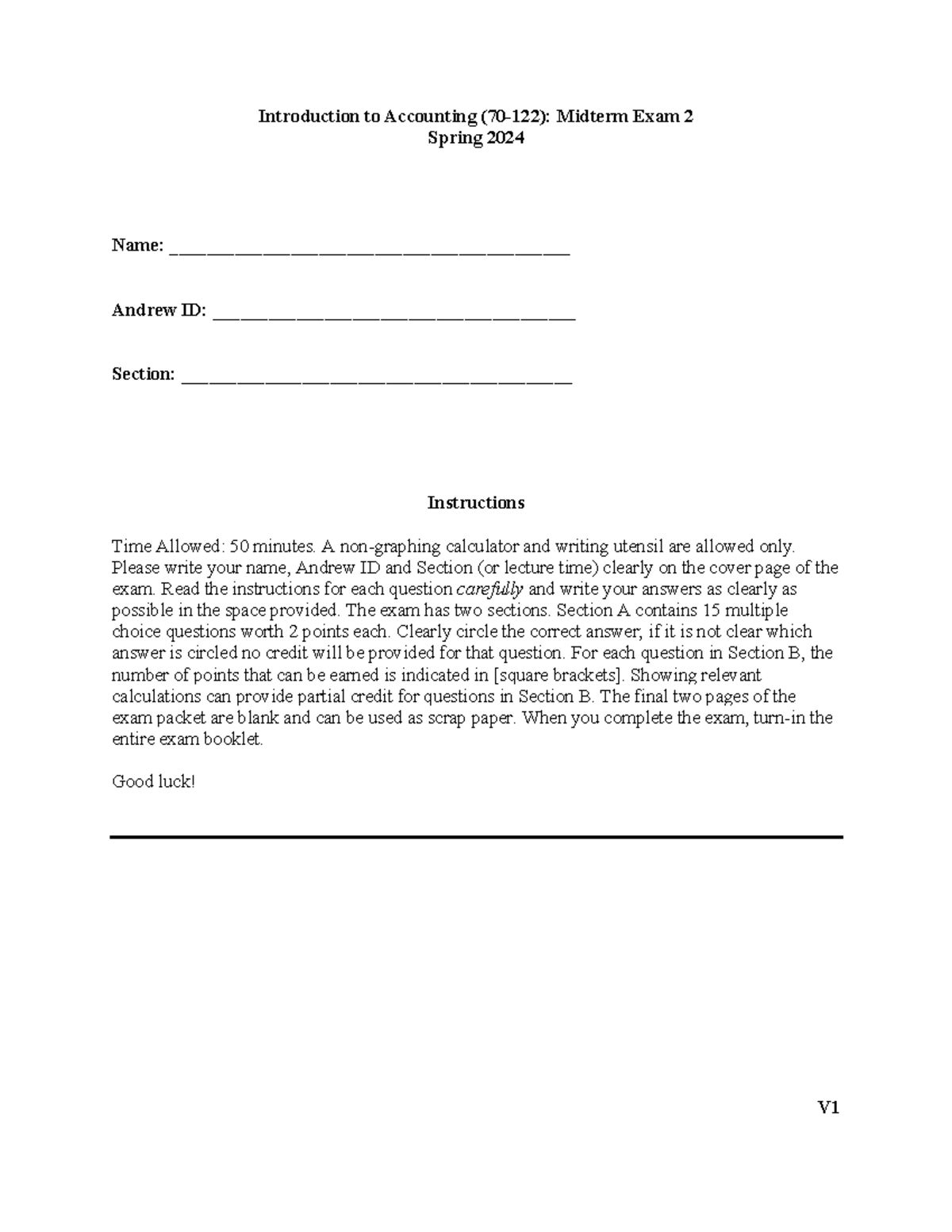 Introduction to Accounting (70-122): Midterm Exam 2 - Spring 2024 - Studocu