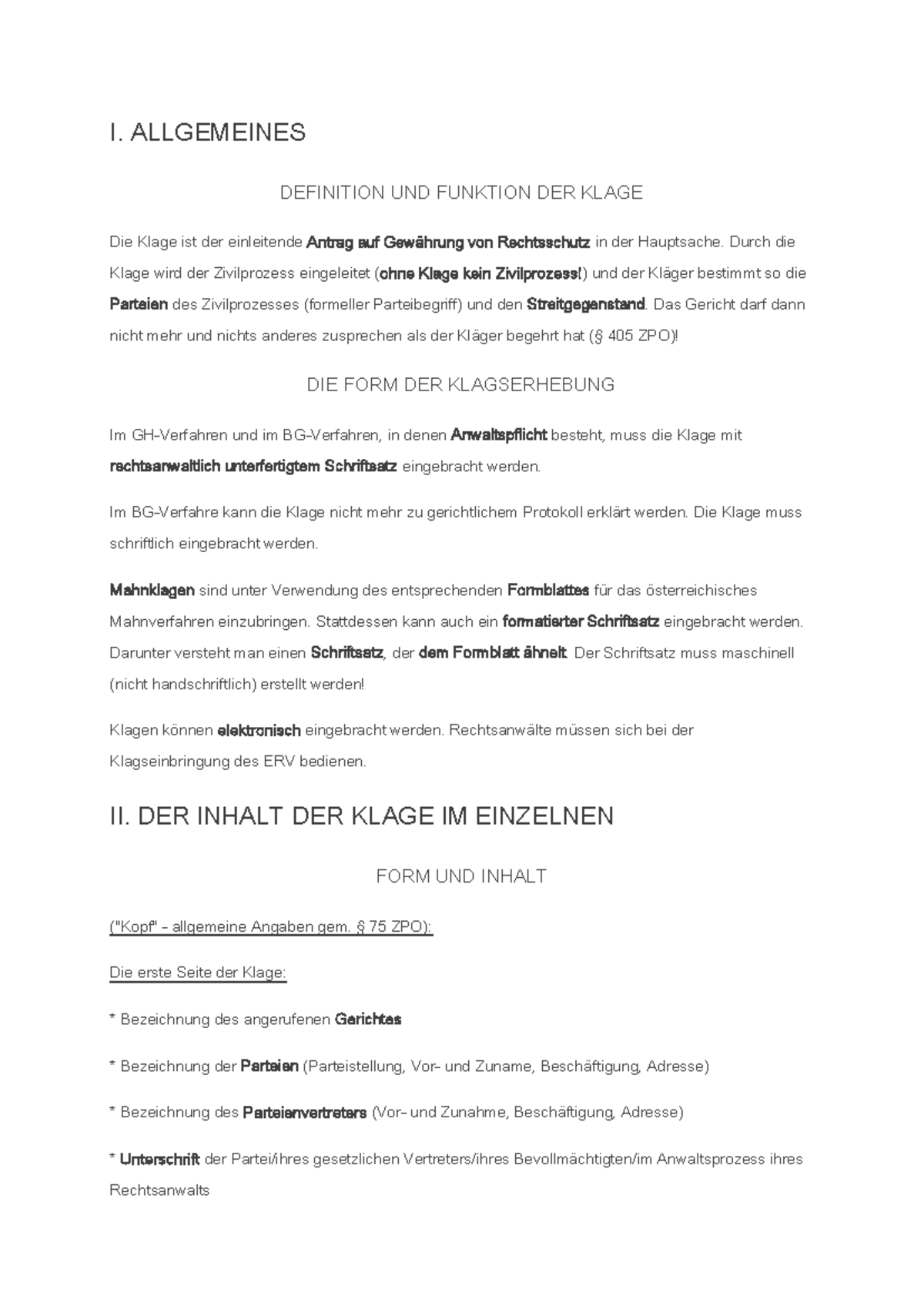 ZGV Klage - Definition, Form und Inhalt der Klage im Zivilprozess - Studocu