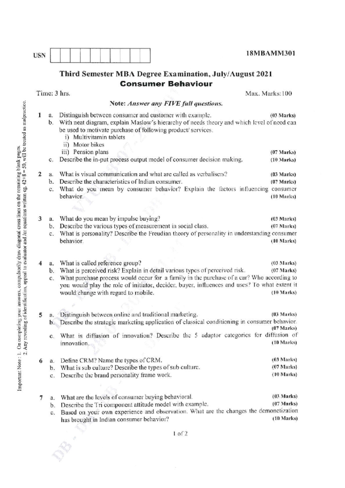 USN 18MBAMM301 MBA 3rd Sem Exam 2021: Consumer Behaviour Notes - Studocu