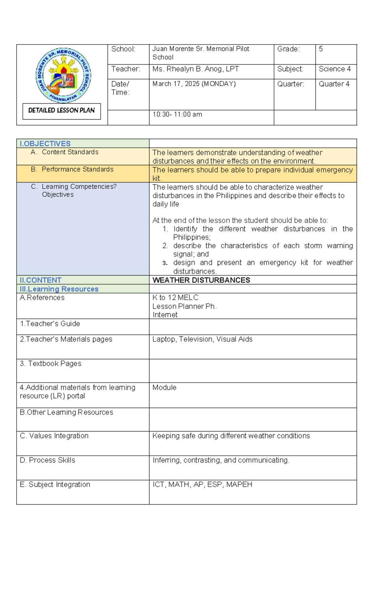 Grade 5 Science Lesson Plan: Weather Disturbances & Emergency Kits ...