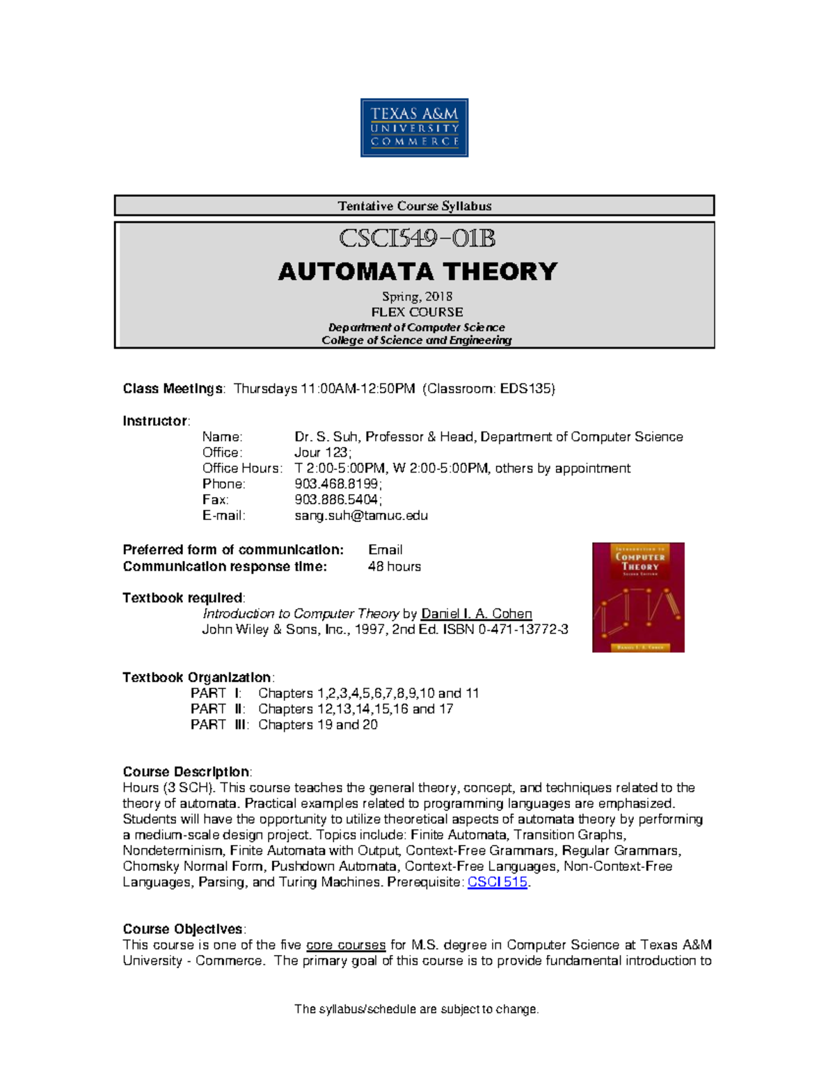 21506 - Ggg - Tentative Course Syllabus CSCI549- 01 B AUTOMATA THEORY ...