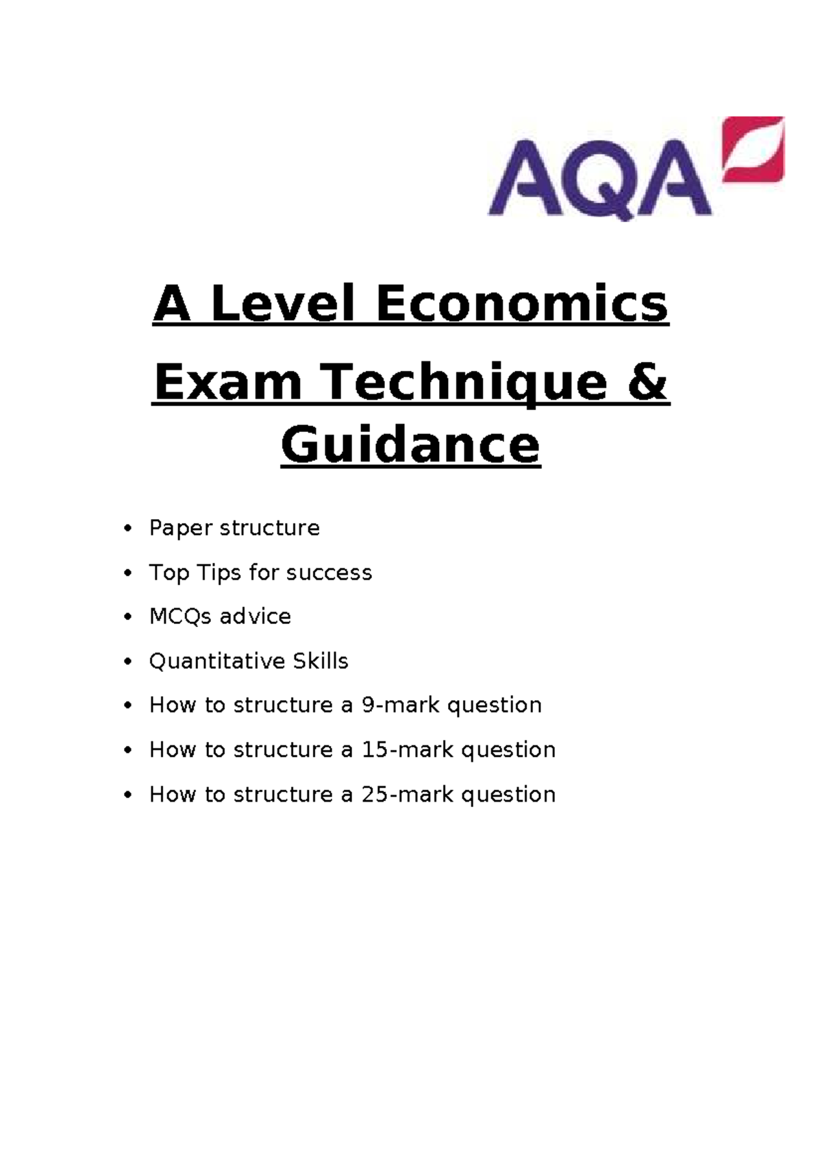 A Level Economics Revision Guidance for AQA Paper 3: Exam Techniques ...