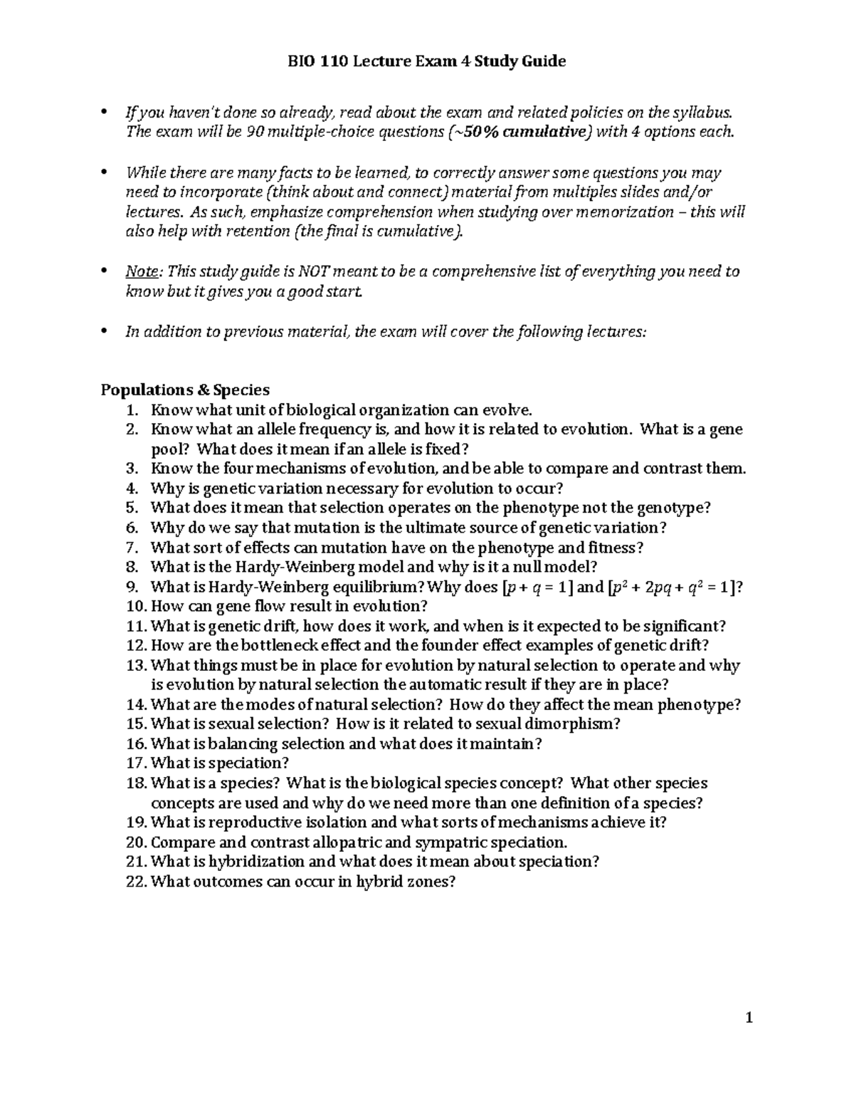 BIO 110 Lecture Exam 4 Study Guide: Key Topics & Concepts - Studocu