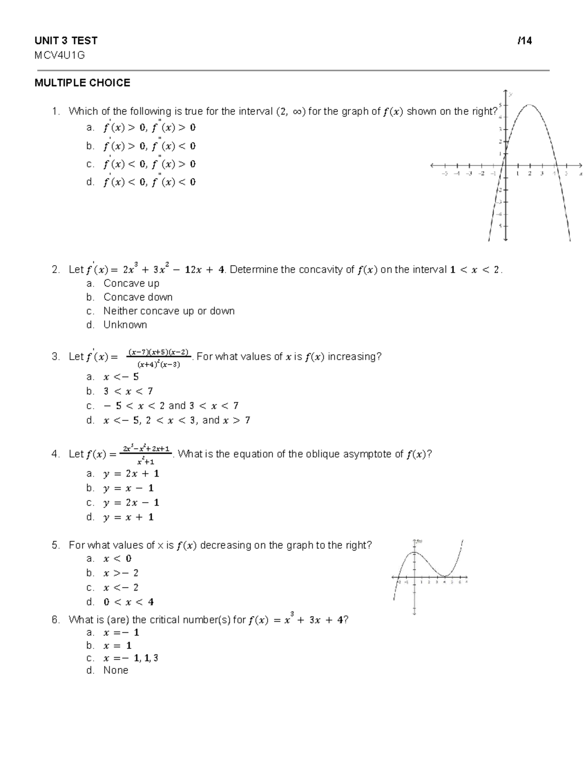 UNIT 3 TEST - MCV4U1G - Math test - UNIT 3 TEST / MCV4U1G MULTIPLE ...