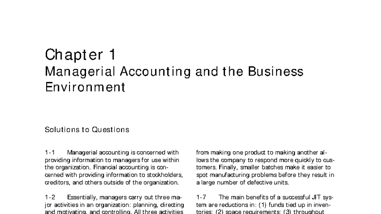 Managerial Accounting (ACCT 101) Chapter 1 Solutions Manual - Studocu