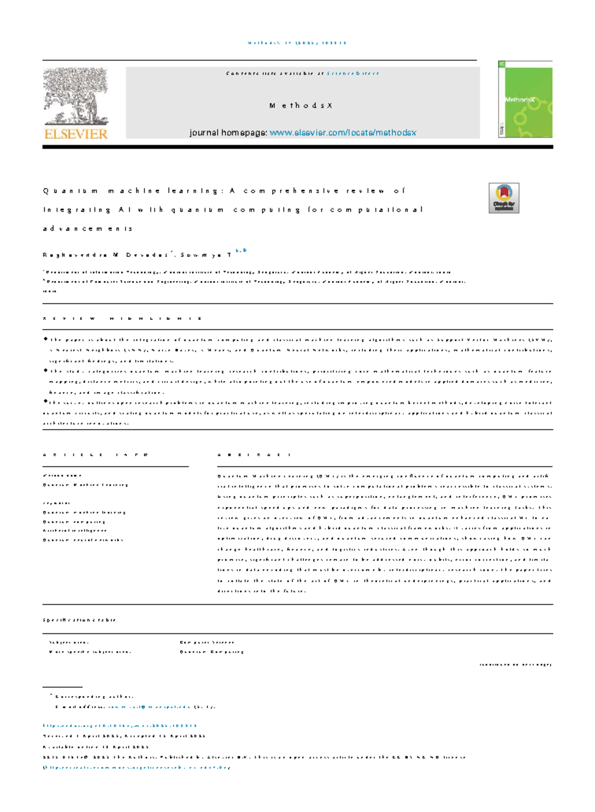 Quantum Machine Learning: A Comprehensive Review (MethodsX 14, 2025 ...