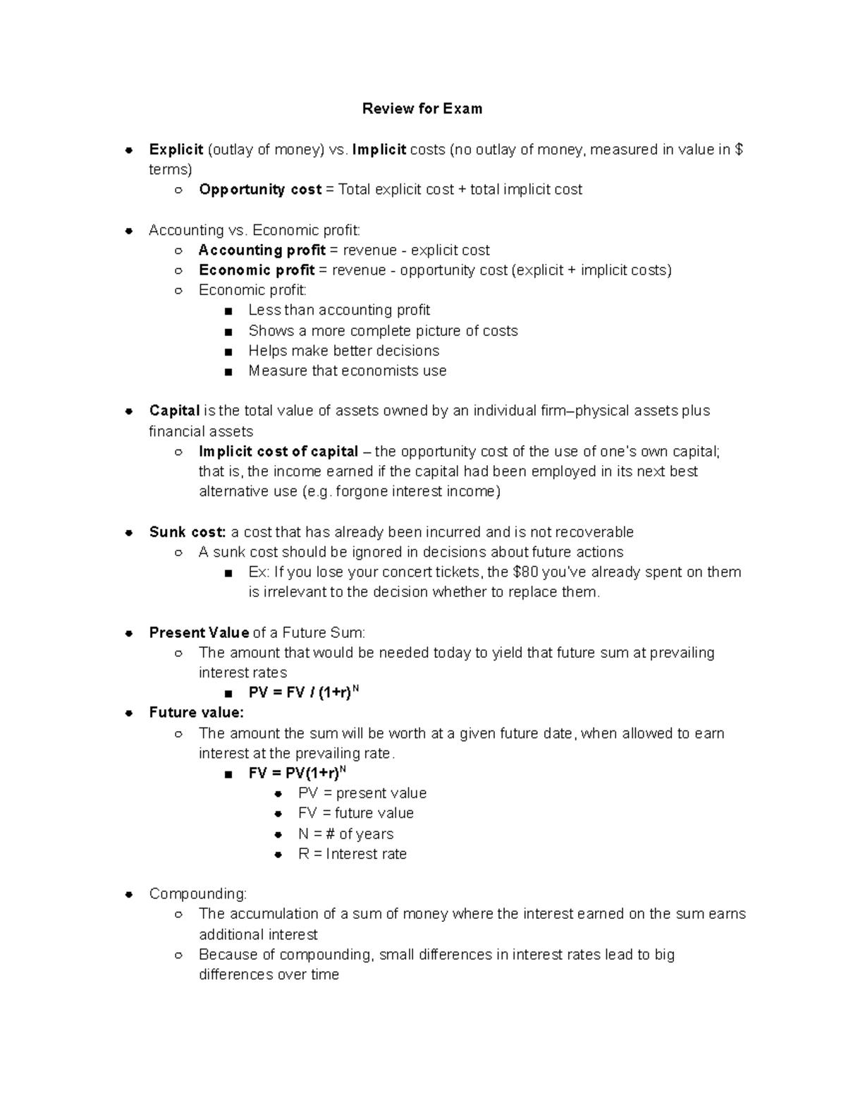 ECON 101: Final Exam Review on Costs and Profits - Studocu