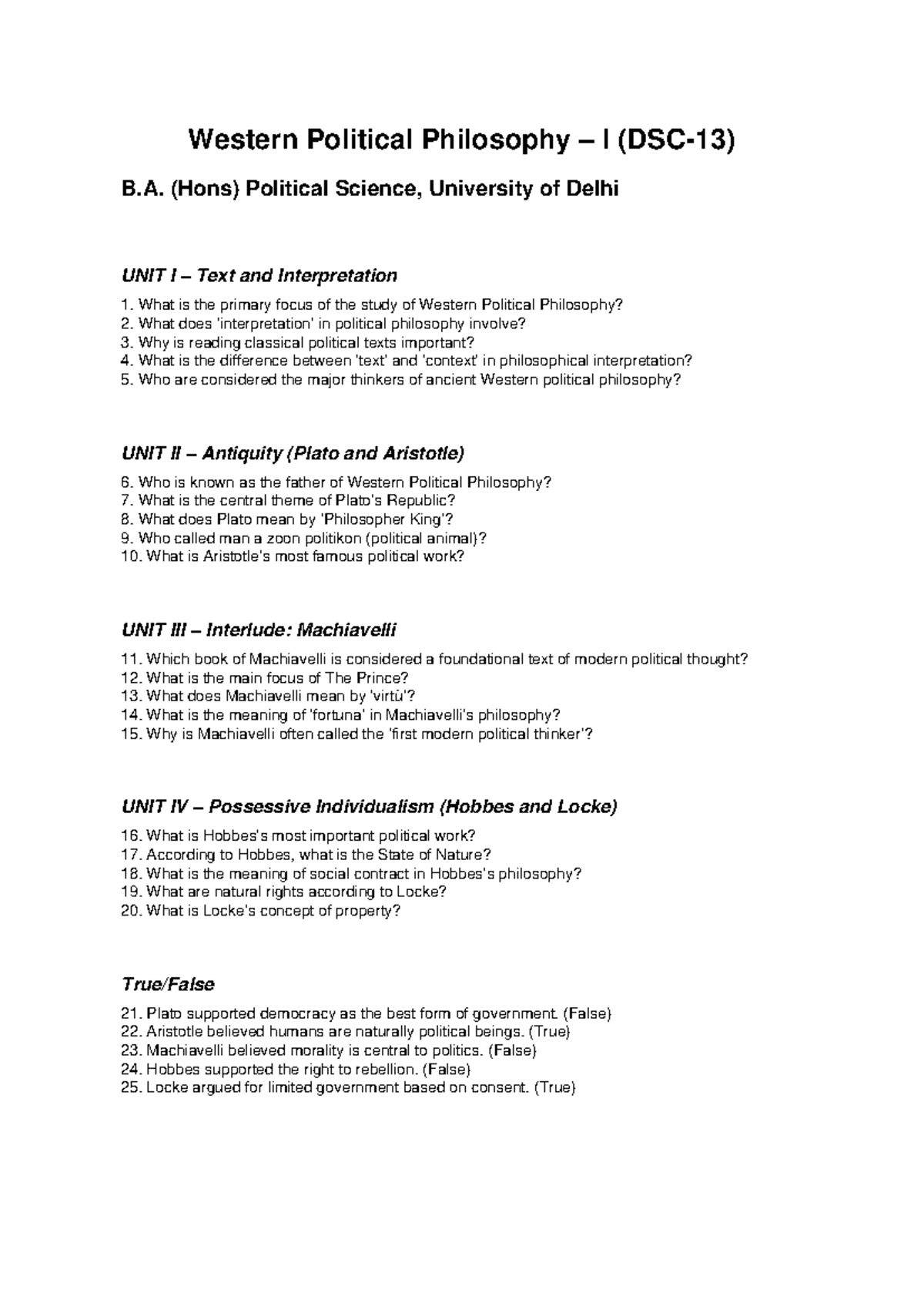 Western Political Philosophy I: Objective Questions for DU B.A. (Hons ...