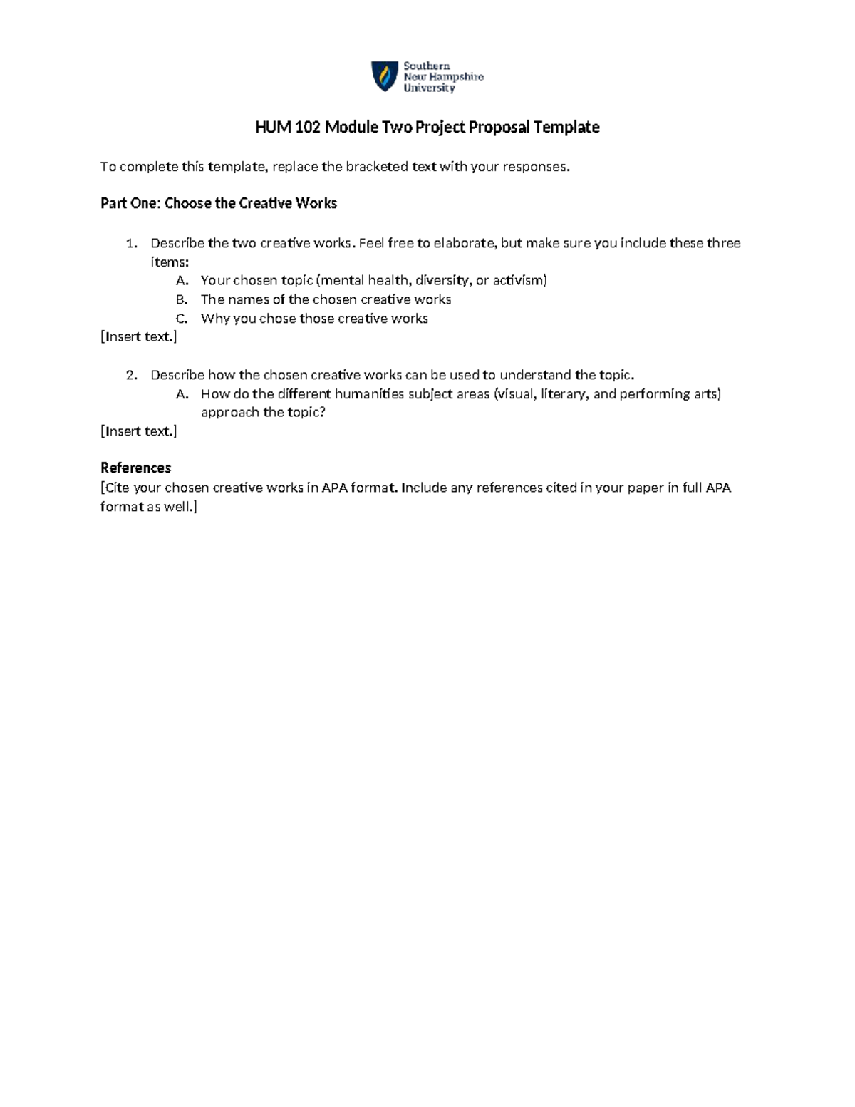 HUM 102 Module Two Project Proposal: Creative Works Selection Guide ...