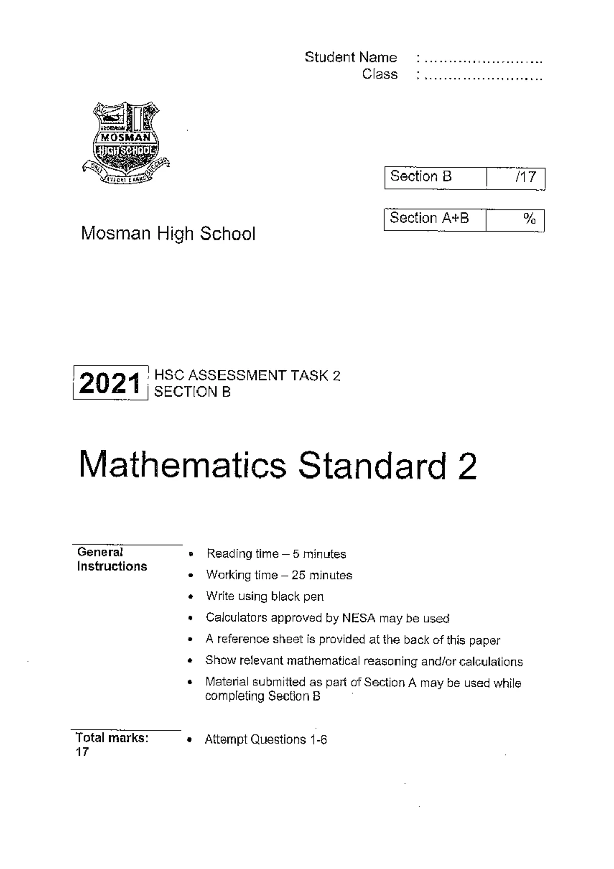 Mathematics Standard 2 HSC Assessment Task 3 - 2024 - Studocu