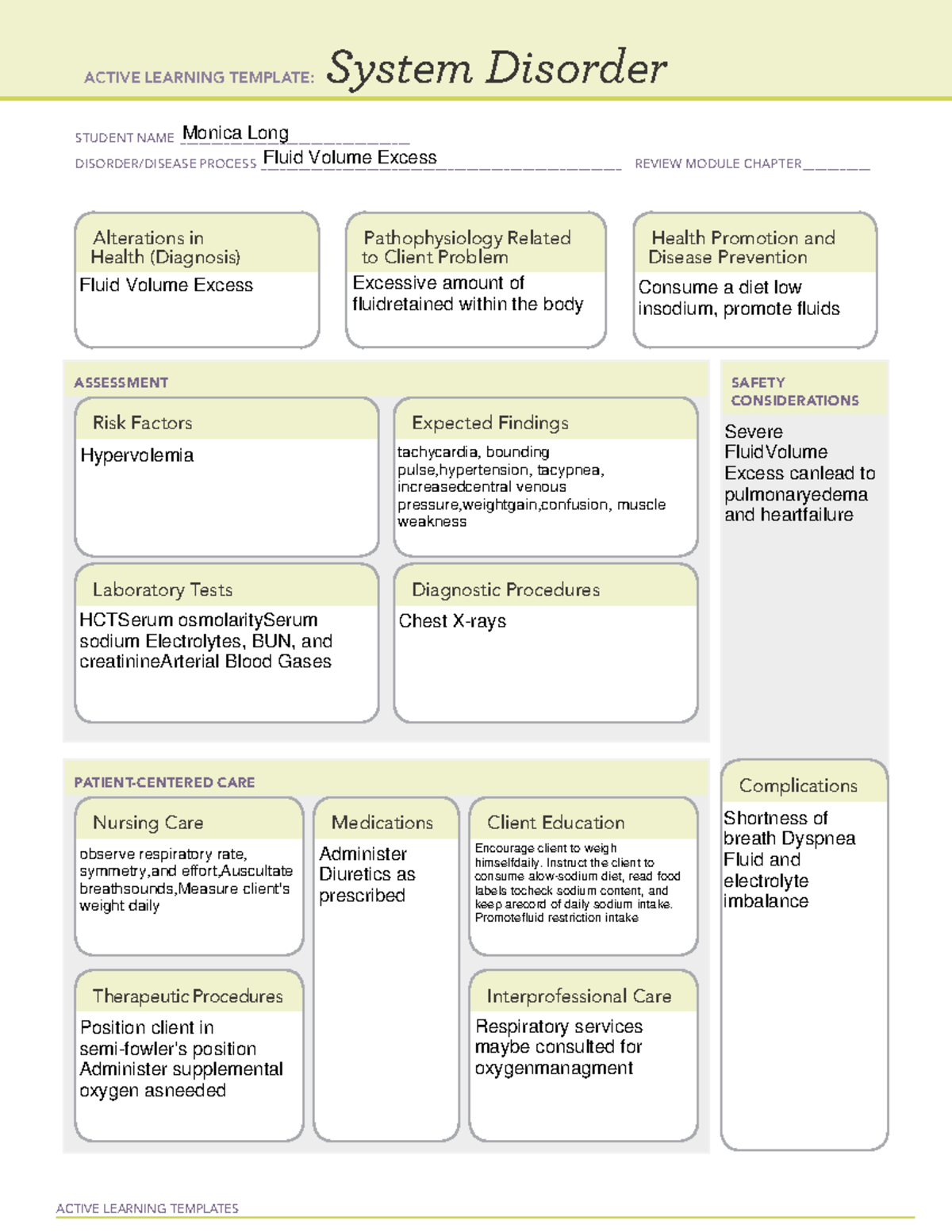 Fluid Volume Excess: System Disorder Template for Nursing Care Studocu