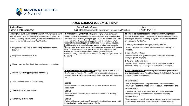 NUR 101 Clinical Judgment Map: Migraine Assessment & Interventions ...