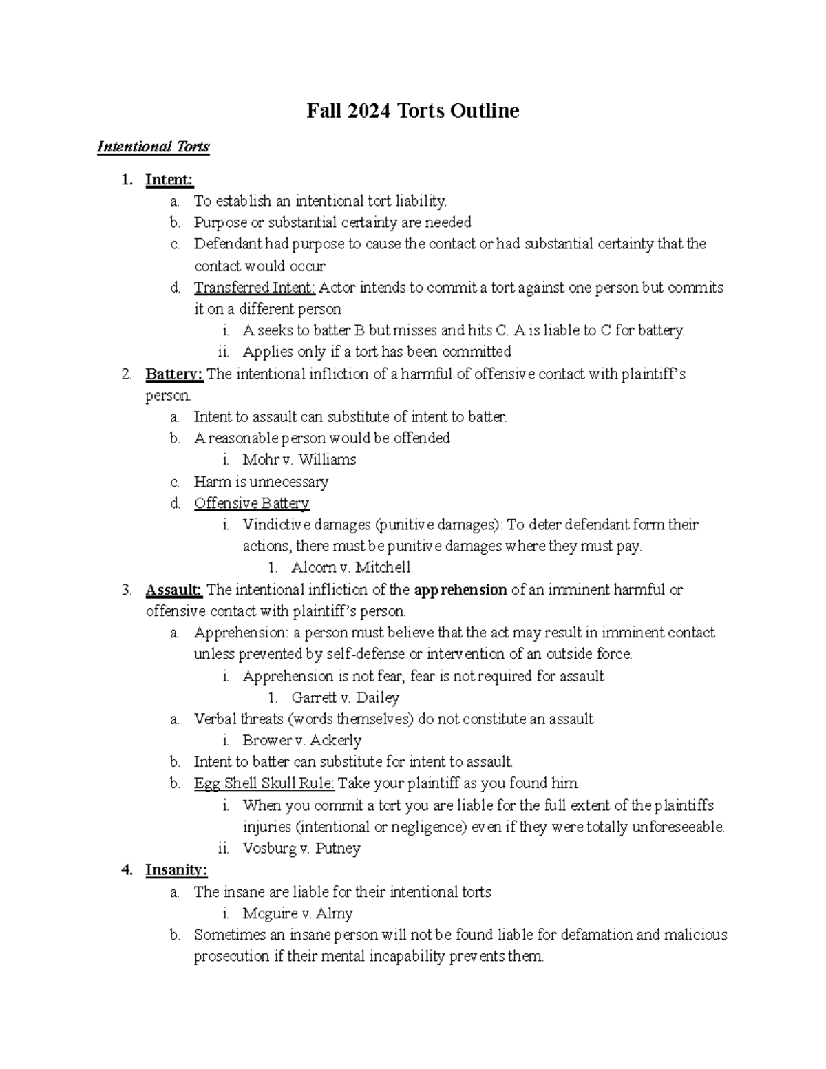Torts Outline 2024: Key Concepts on Intentional Torts and Negligence ...