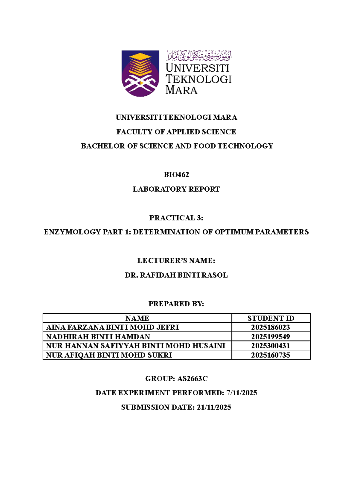 BIO462 Lab Report: Enzymology Practical 3 - Optimum Parameters Analysis ...