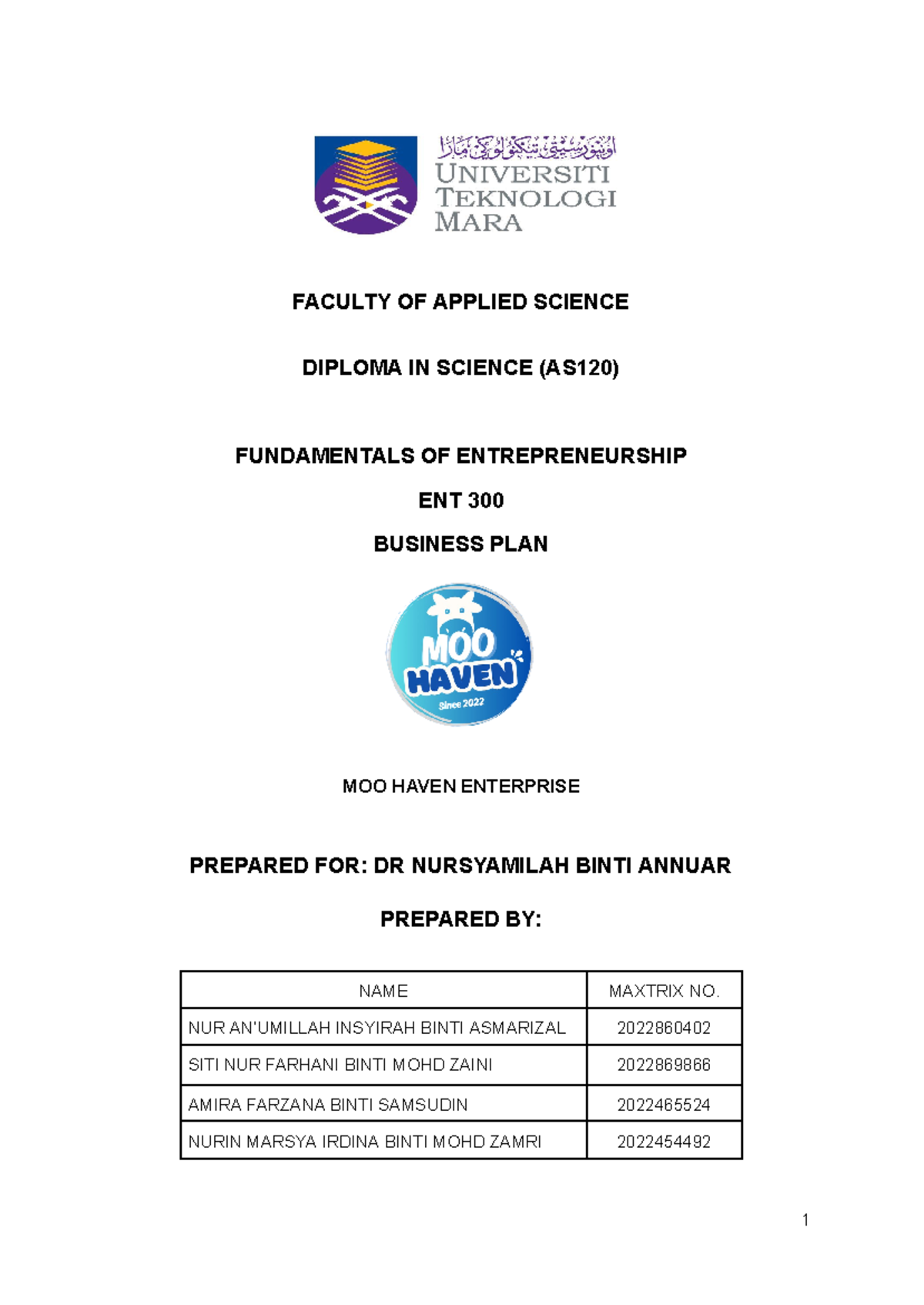 Draft Business PLAN ENT300 (RAS1205J) - FACULTY OF APPLIED SCIENCE ...