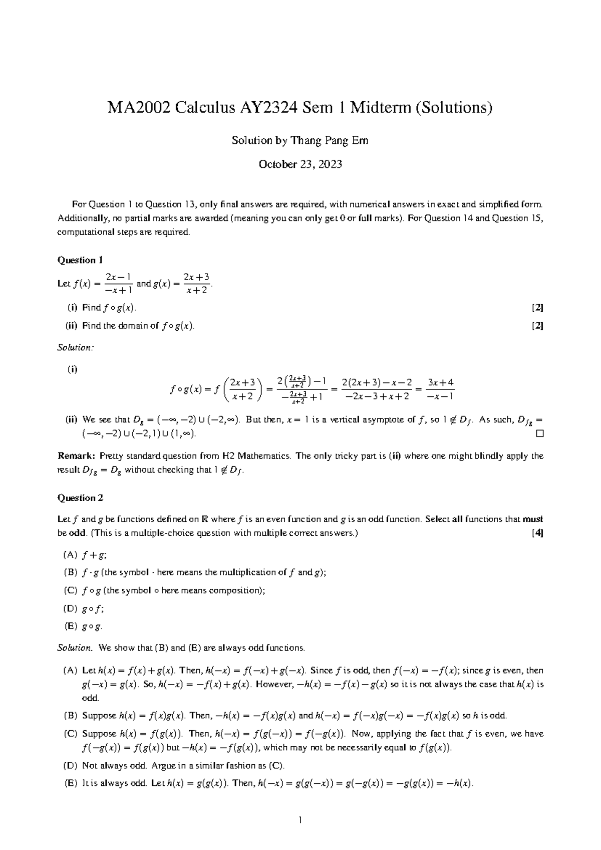 MA2002 Calculus AY2324 Sem 1 Midterm Solutions by Thang Pang Ern - Studocu