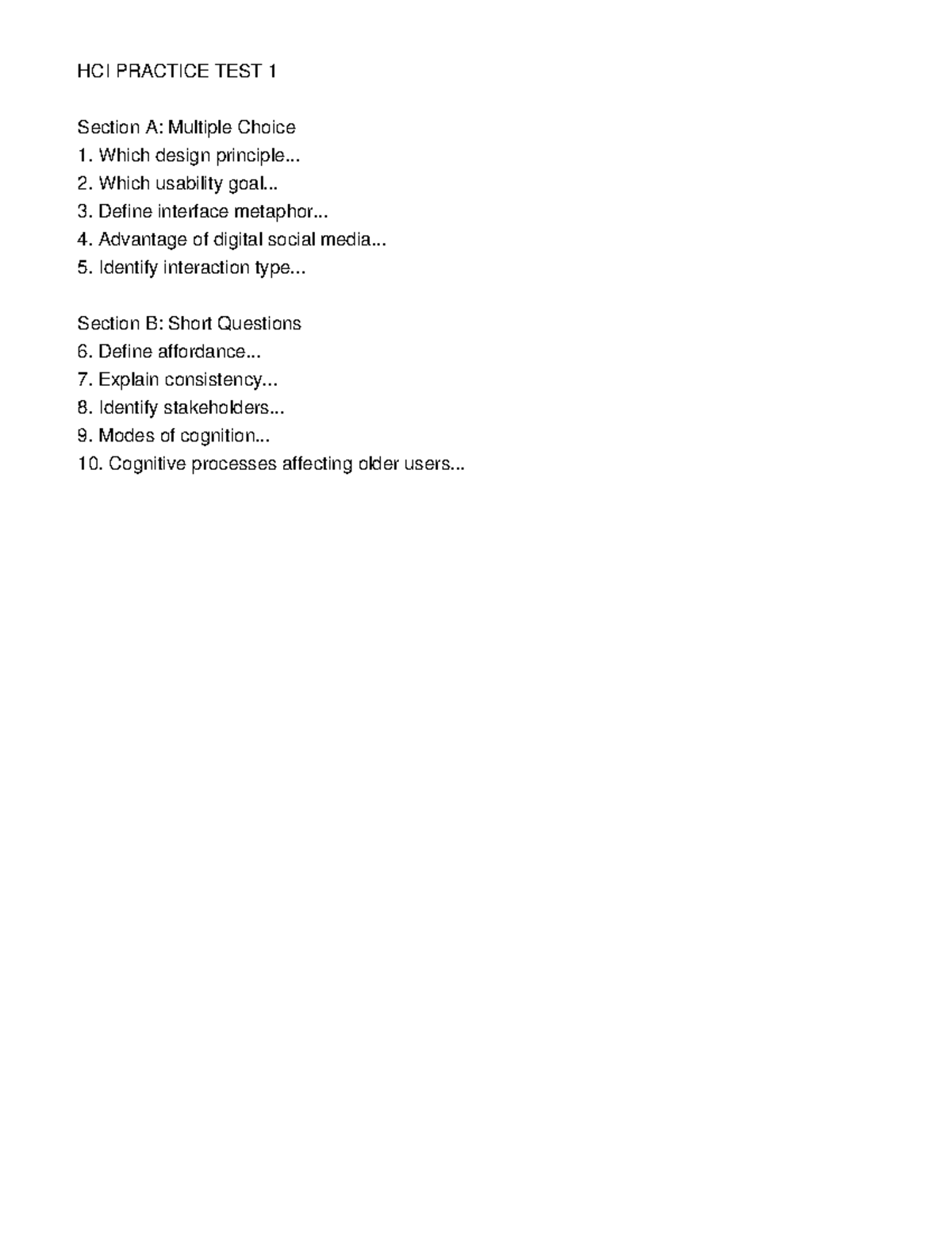 HCI Practice Test 1 - AI gen questions - HMD177V - HCI PRACTICE TEST 1 ...