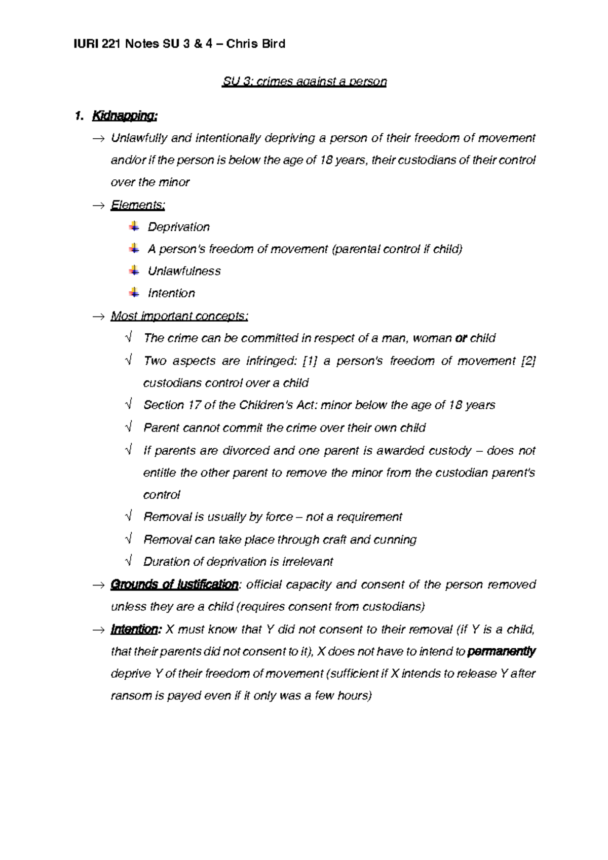 221 Notes on SU 3: Crimes Against Persons - Kidnapping to Murder - Studocu