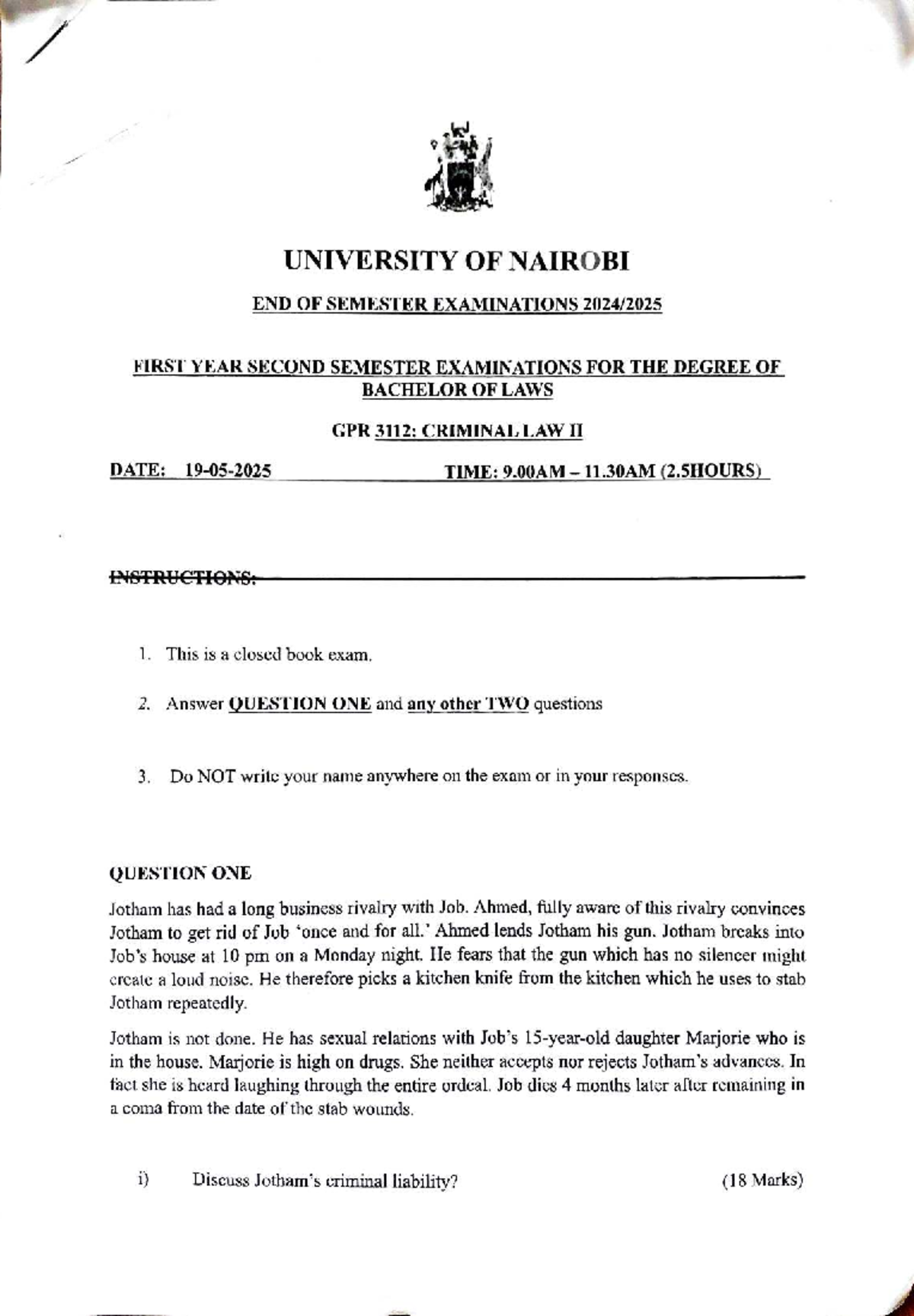 GPR 3112: Criminal Law II End of Semester Exam Questions - Studocu