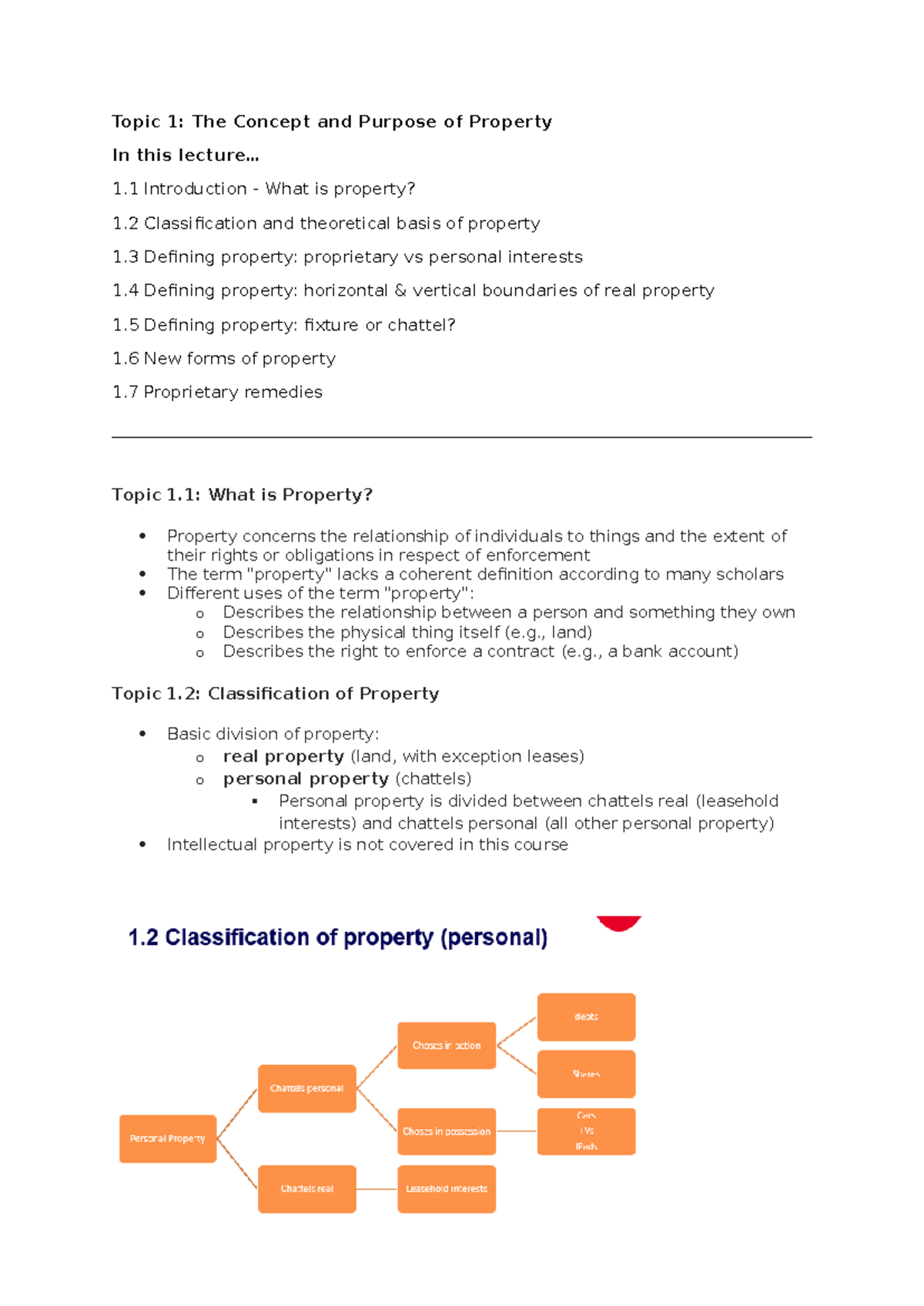 Property Law Concepts and Classifications - Week 1 Notes (LAW101) - Studocu