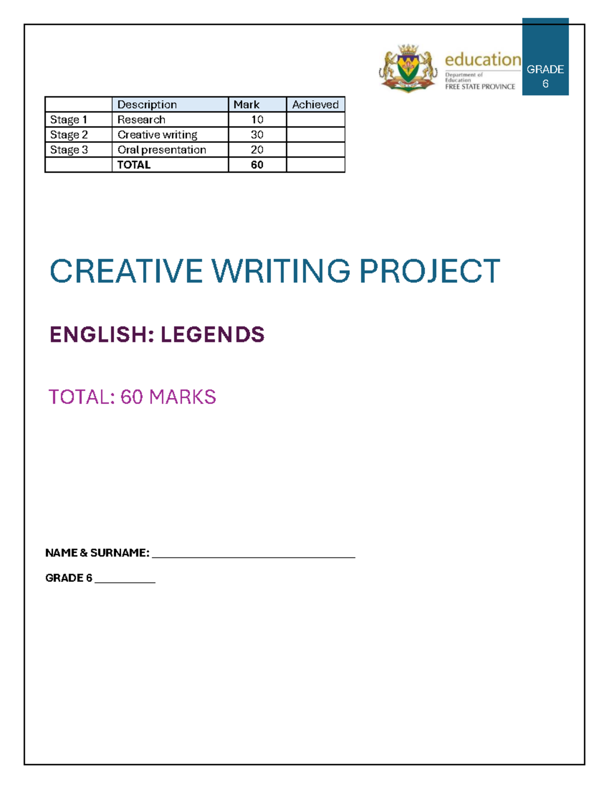Grade 6 Creative Writing Project: Legends Exemplar 2025 - Studocu