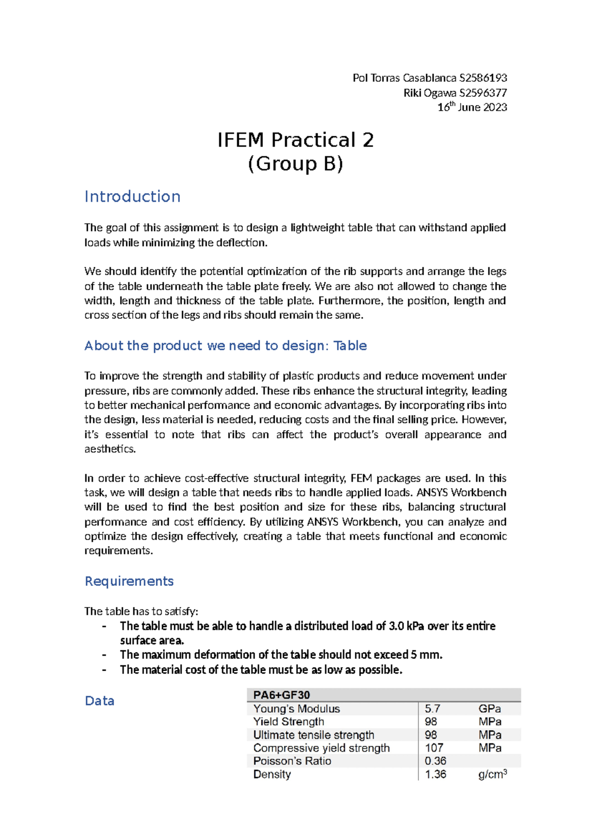 Practical 2 IFEM - Optimizing Table Design with FEM Analysis - Studeersnel
