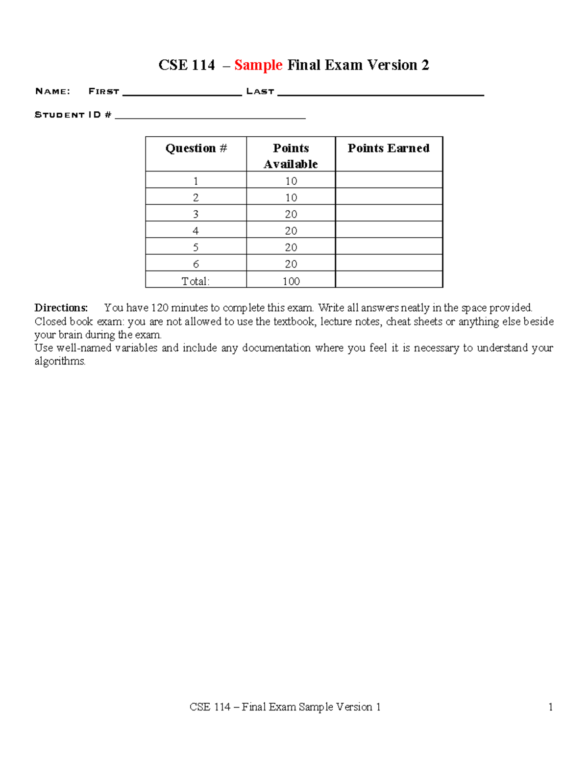 CSE 114 Sample Final Exam Practice Version 2 - Studocu