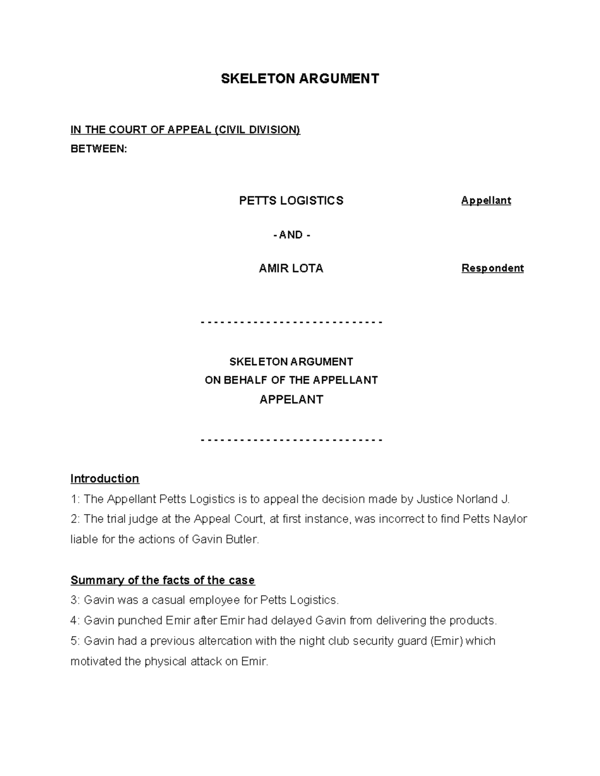 Mock Moot Skeleton Argument for Petts Logistics - Appeal Case - Studocu
