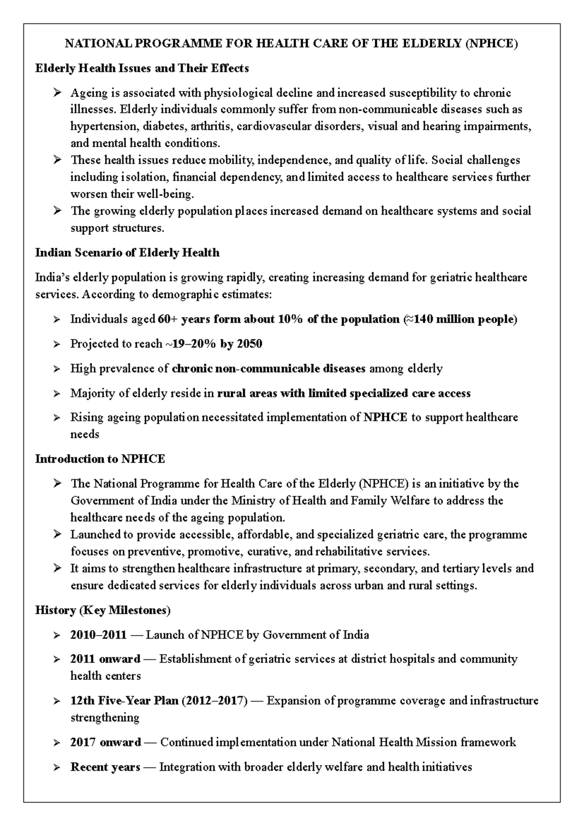 NPHCE: Addressing Elderly Health Issues and Challenges - Studocu