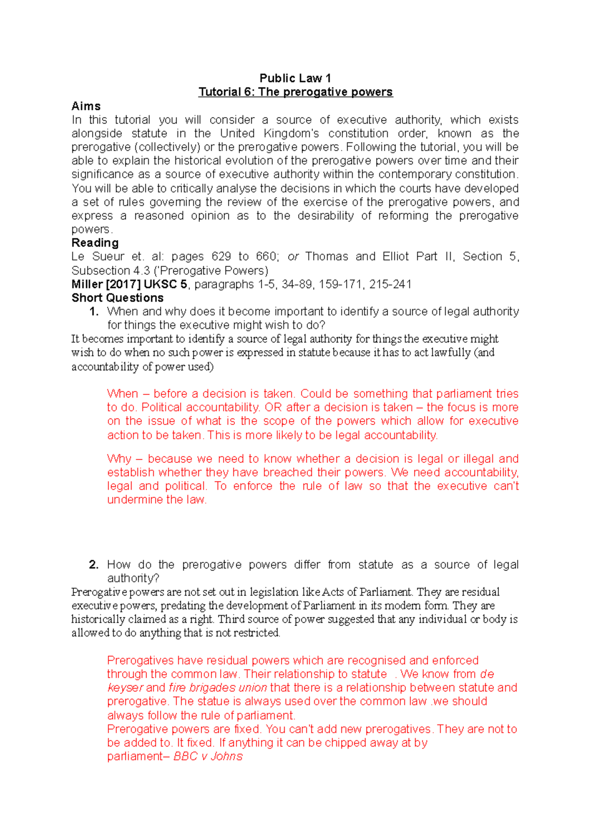 Public tutorial 6 - Public Law 1 Tutorial 6: The prerogative powers ...