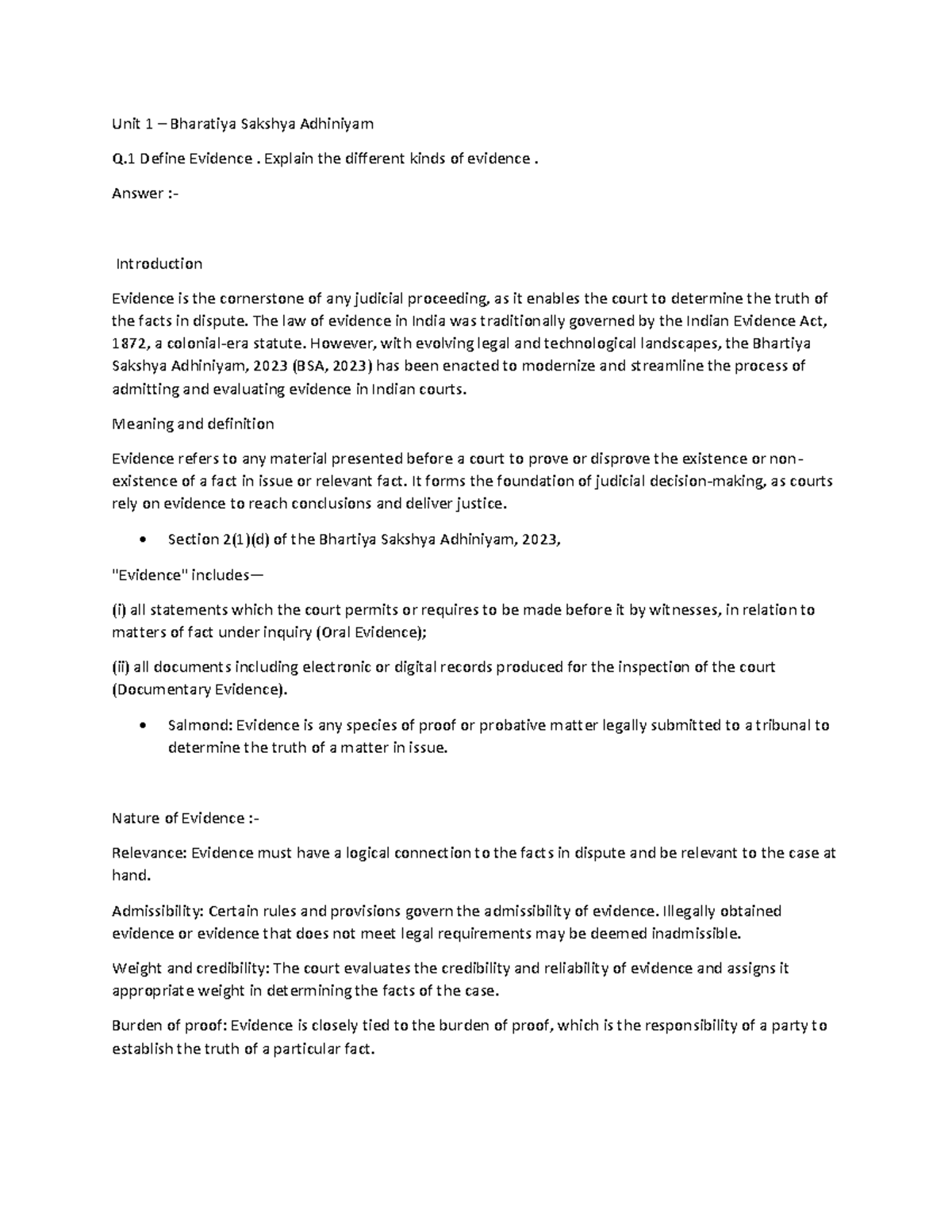BSA 2023 Unit 1-5: Key Questions & Answers on Evidence Law - Studocu