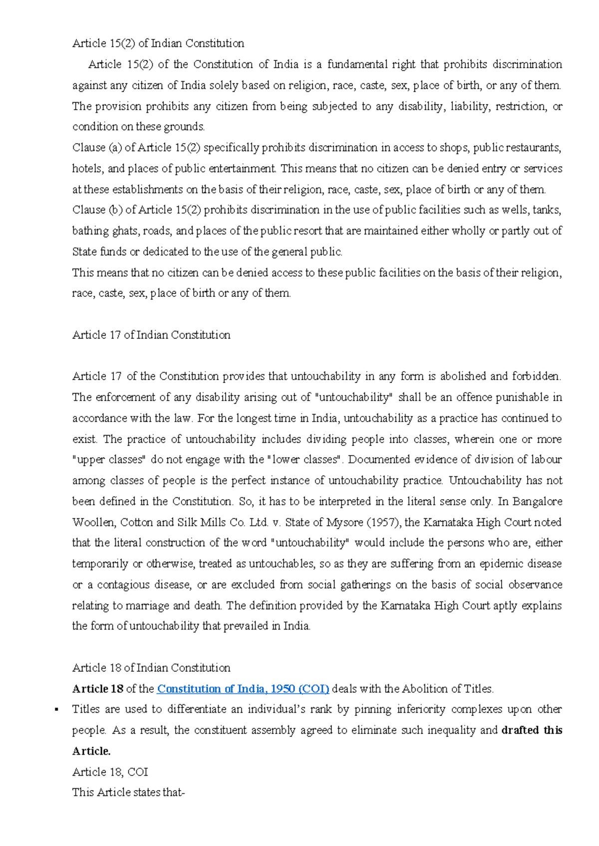 Analysis of Articles 15, 17, and 18 of the Indian Constitution - Studocu